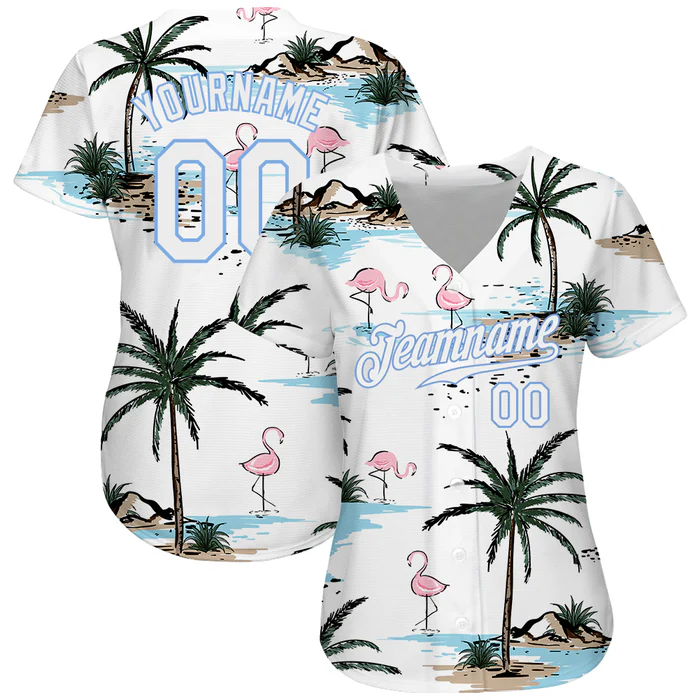Personalized White Light Blue 3D Pattern Design Hawaii Palm Trees Custom Name Number Sublimation Uniform - Image 3