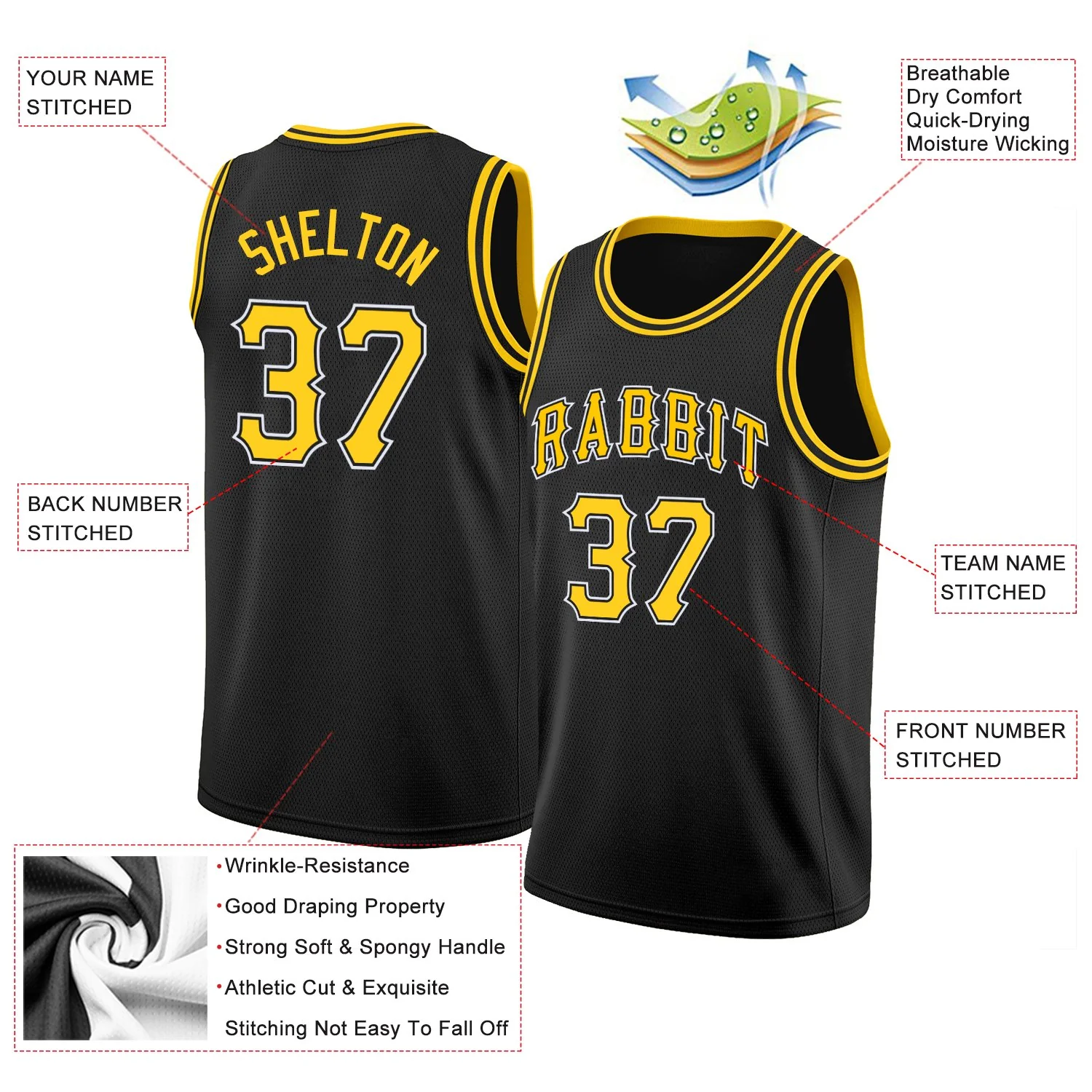 Custom Black Yellow-White Classic Tops Breathable Basketball Jersey - Image 2