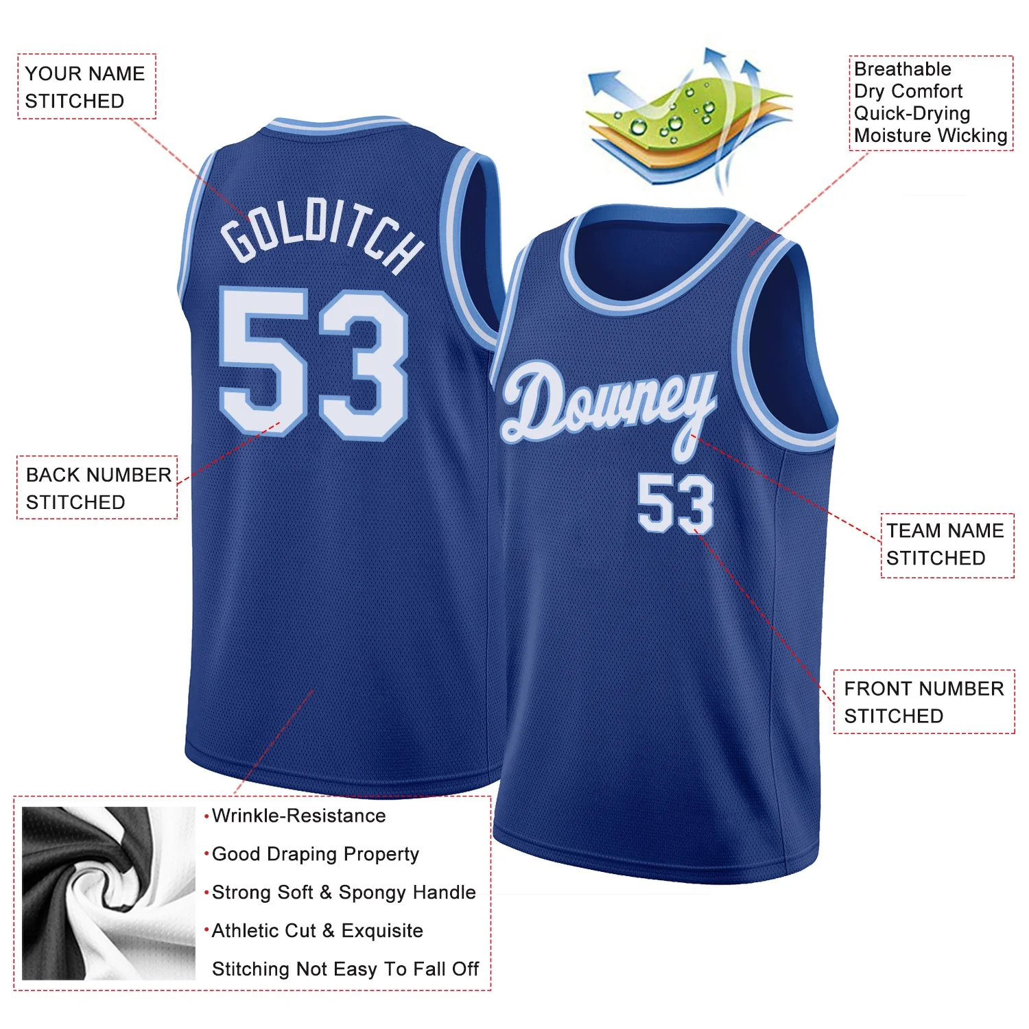 Custom Royal White-Light Blue Classic Tops Athletic Basketball Jersey - Image 2