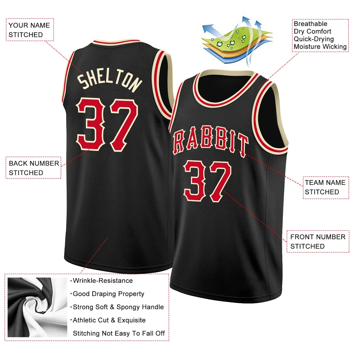 Custom Black Red-Cream Classic Tops Authentic Basketball Jersey - Image 2