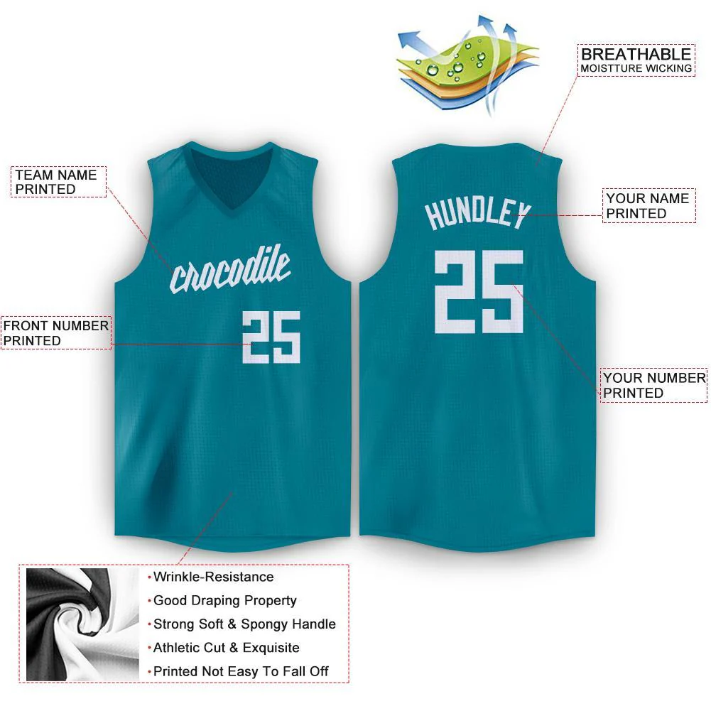 Custom Teal White Classic Tops Mesh Sport Basketball Jersey - Image 2