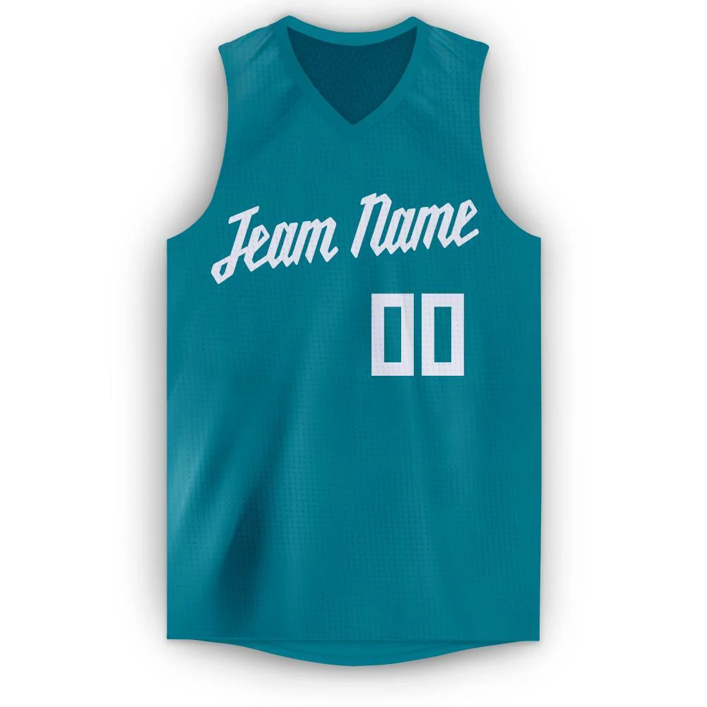 Custom Teal White Classic Tops Mesh Sport Basketball Jersey - Image 5
