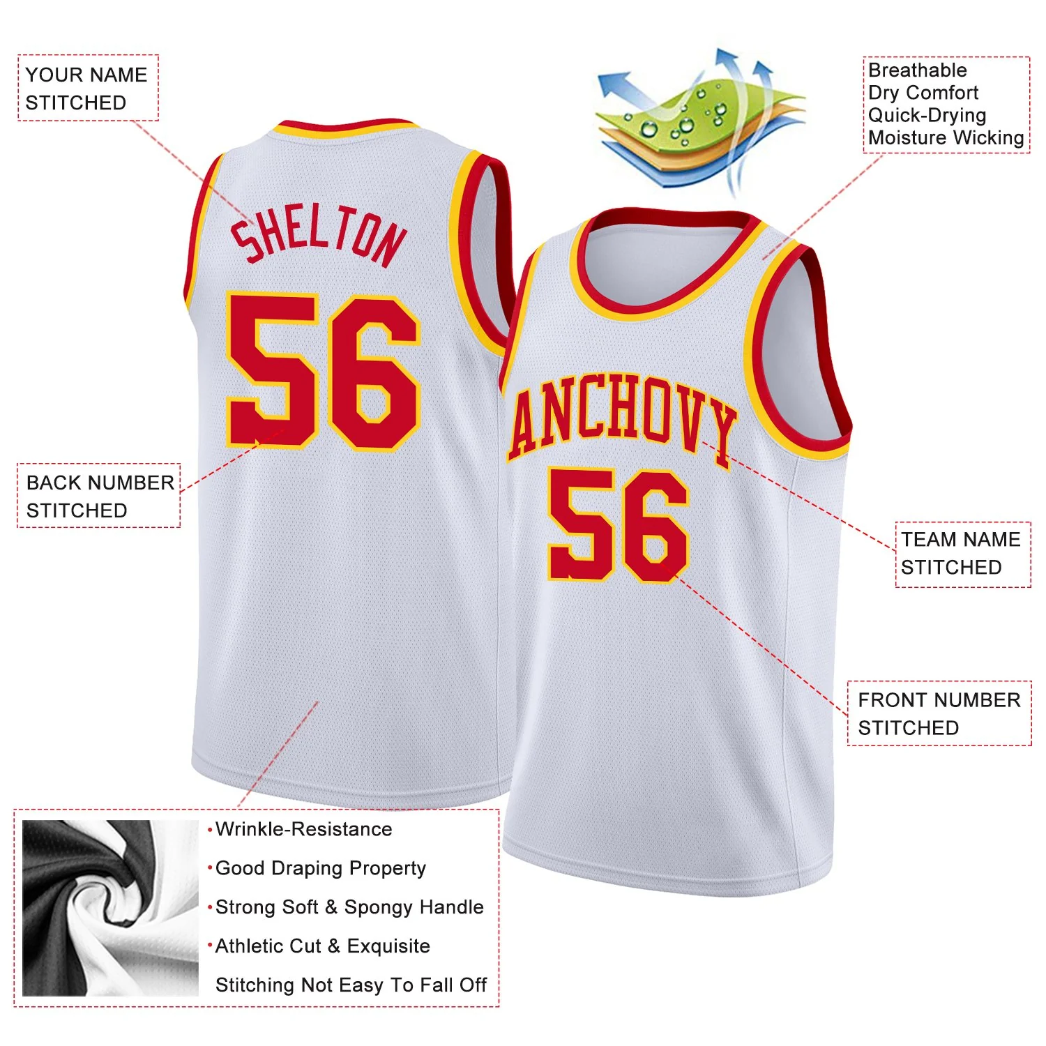 Custom White Red-Yellow Classic Tops Fashion Sportwear Basketball Jersey - Image 2