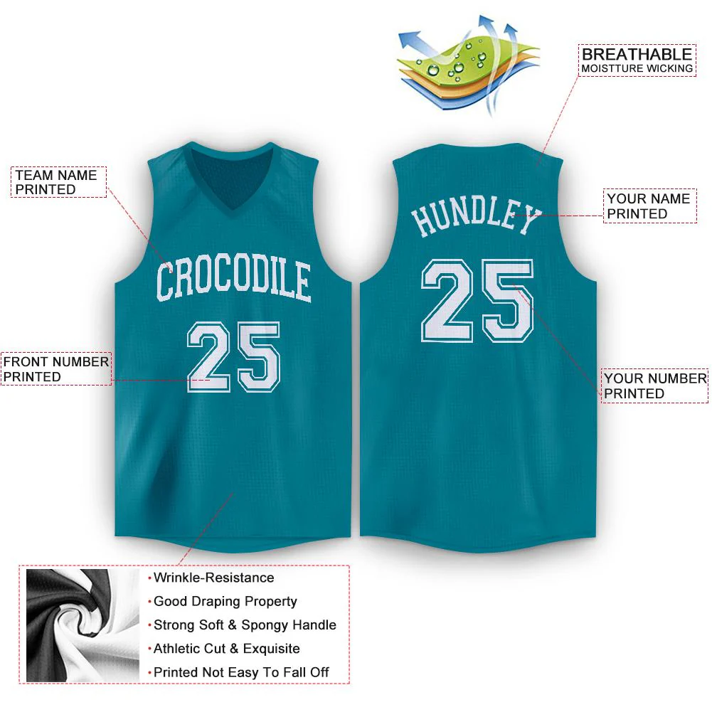 Custom Teal White Classic Tops Mesh Sport Basketball Jersey - Image 2