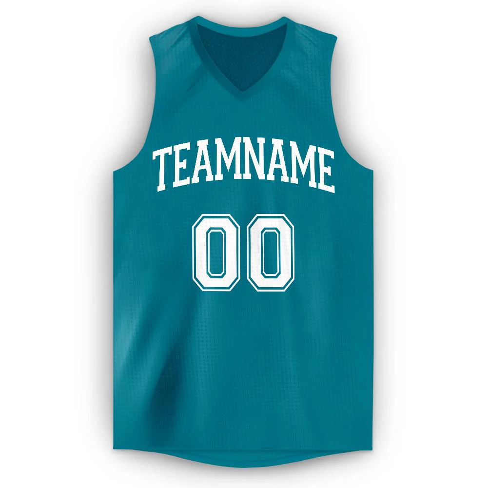 Custom Teal White Classic Tops Mesh Sport Basketball Jersey - Image 5