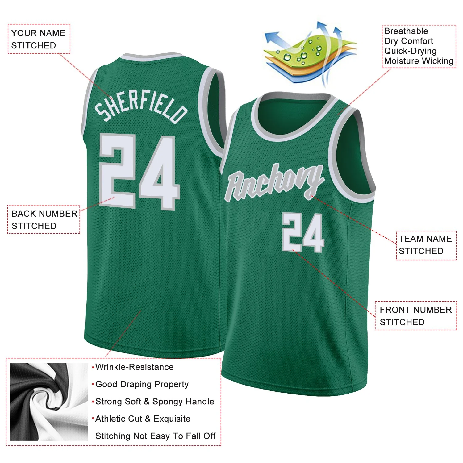 Custom Green White-Gray Classic Tops Mesh Sport Basketball Jersey - Image 2