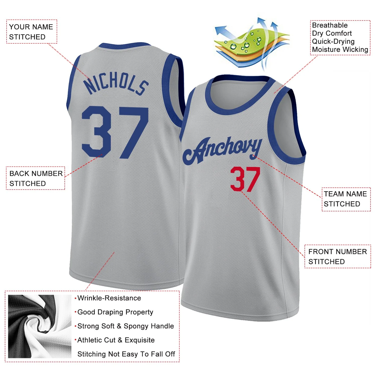 Custom Gray Royal-Red Classic Tops Athletic Basketball Jersey - Image 2