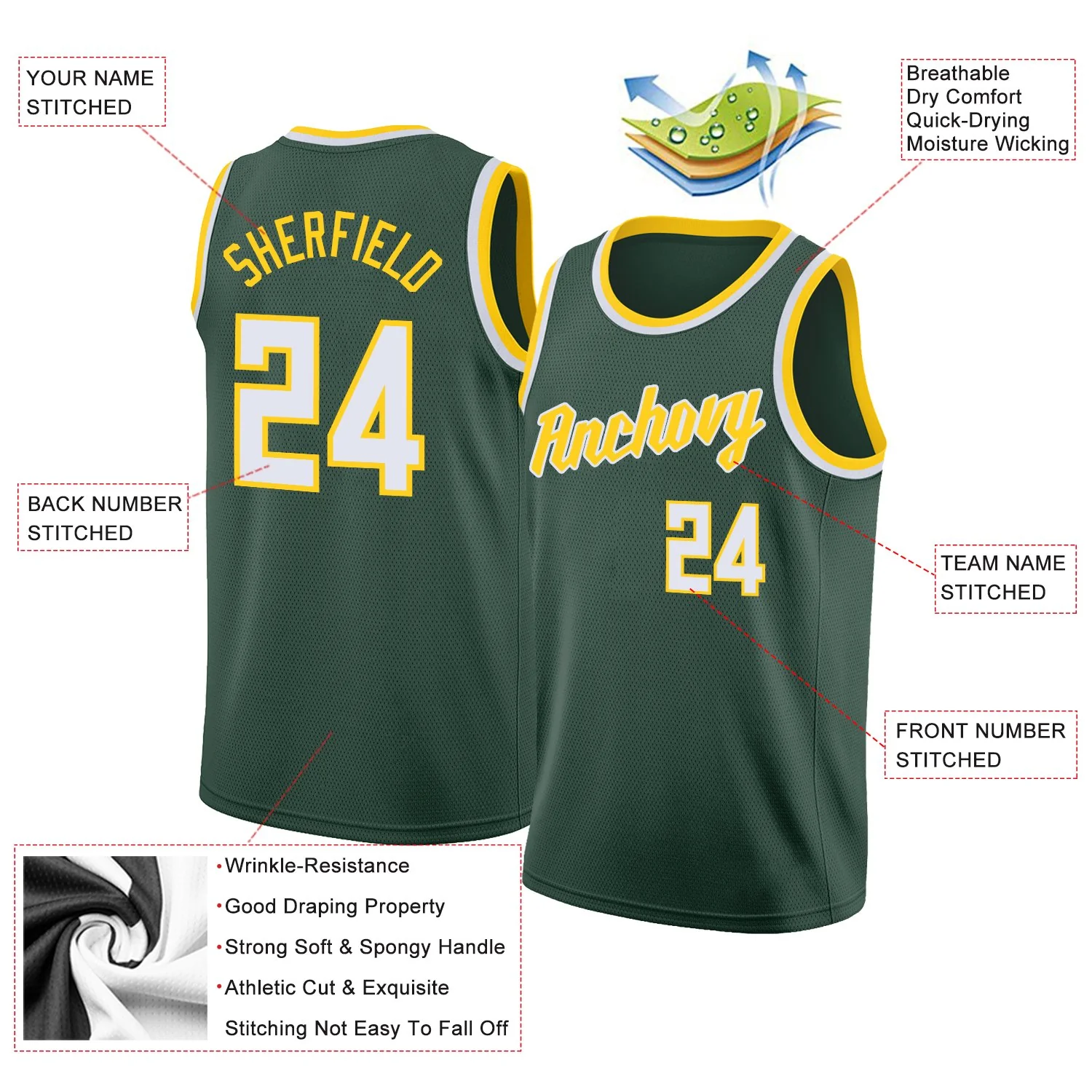 Custom Hunter Green White-Yellow Classic Tops Athletic Casual Basketball Jersey - Image 2