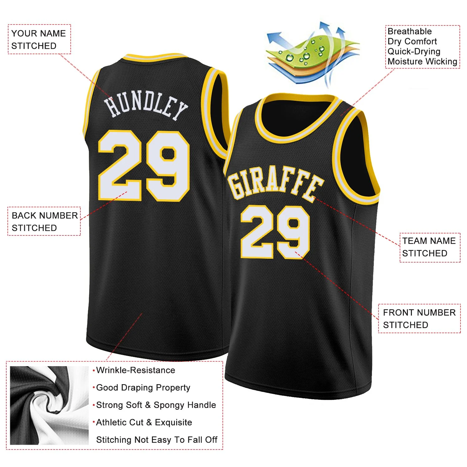 Custom Black White-Yellow Classic Tops Breathable Basketball Jersey - Image 2