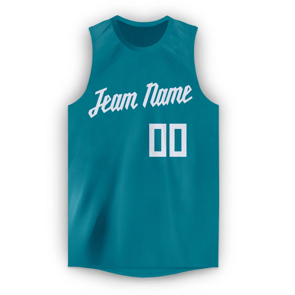 Custom Teal White Classic Tops Mesh Sport Basketball Jersey - Image 5