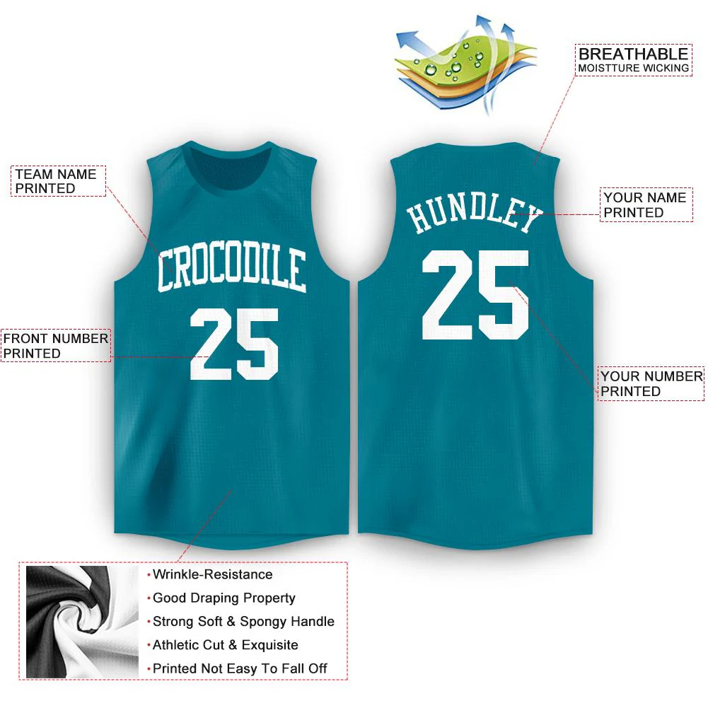 Custom Teal White Classic Tops Mesh Sport Basketball Jersey - Image 2