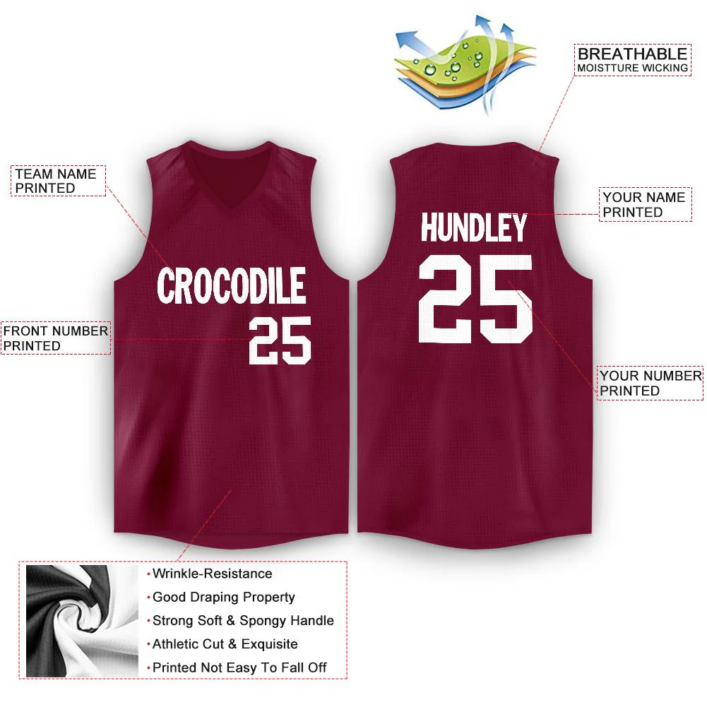 Custom Maroon White Classic Tops Men/Boy Athletic Basketball Jersey - Image 2