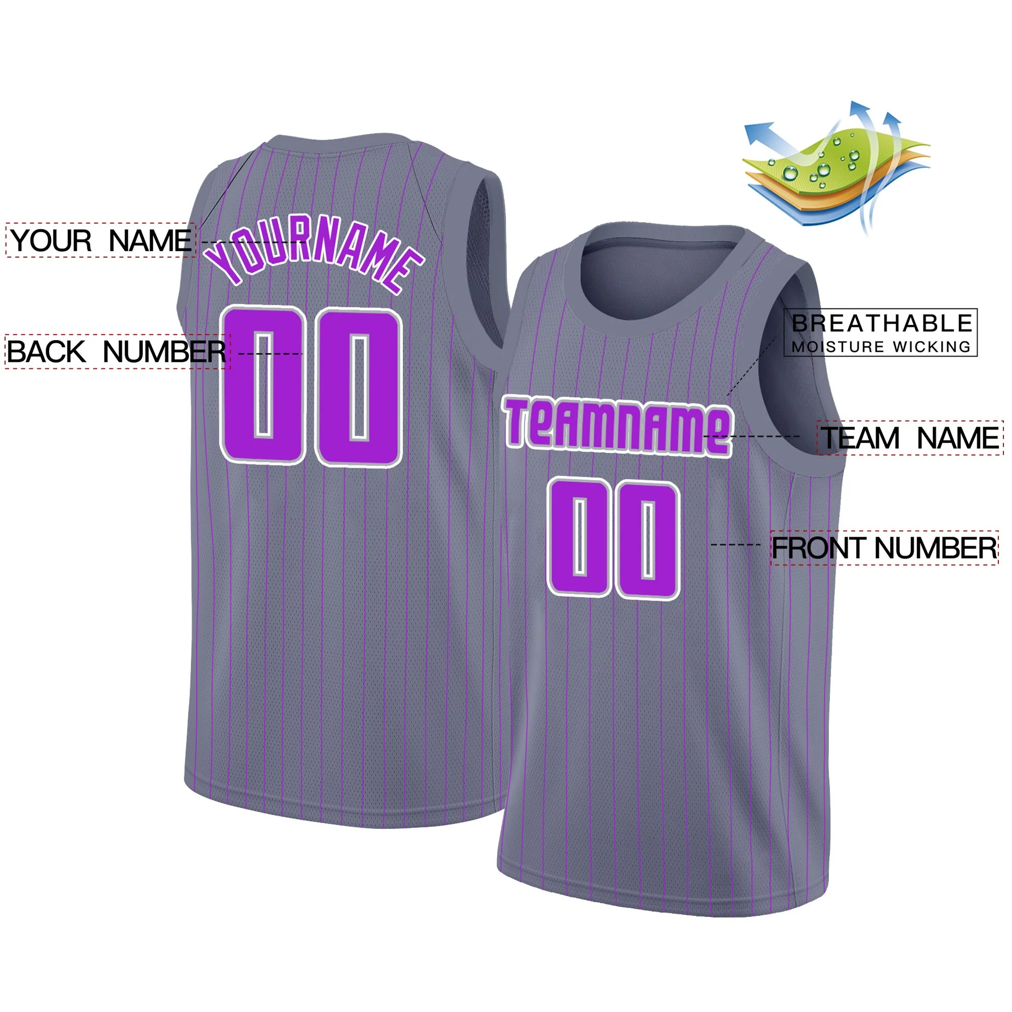 Custom Dark Gray Purple-White Stripe Fashion Tops Basketball Jersey - Image 2