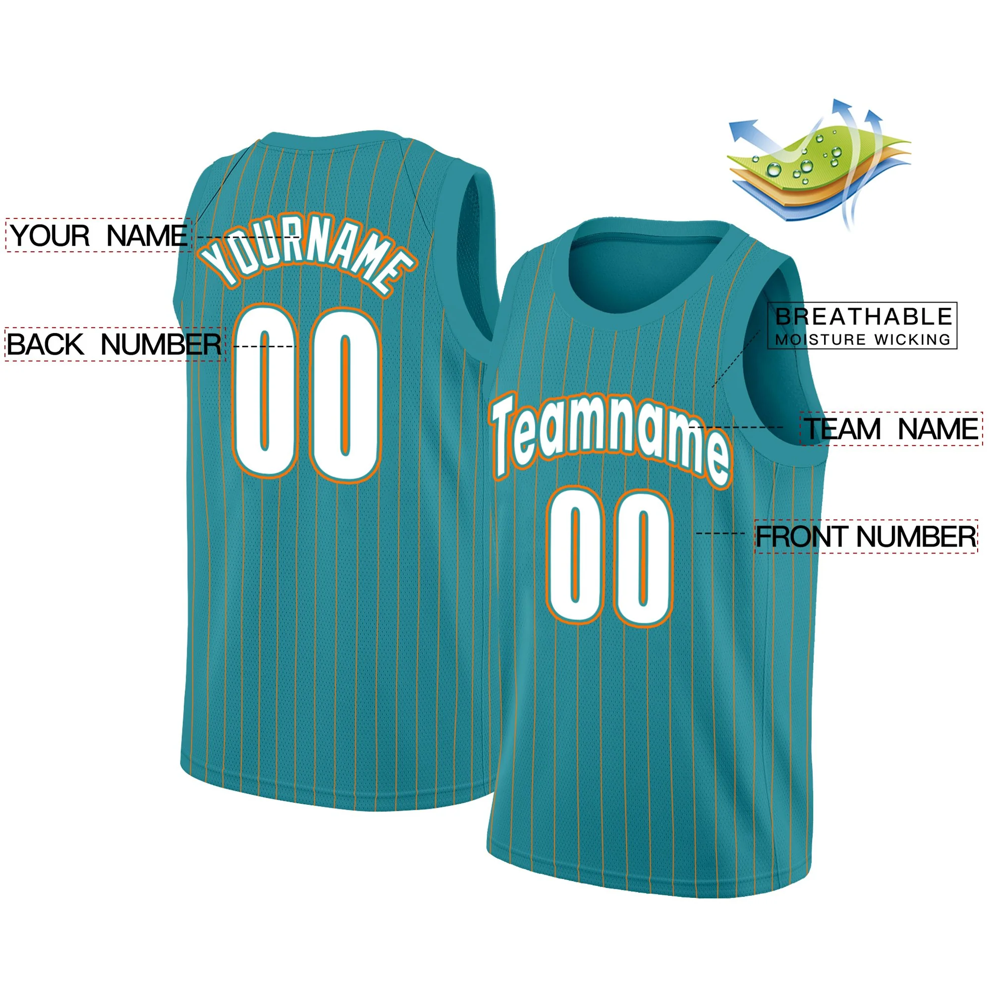 Custom Teal White Orange Stripe Fashion Tops Men/Boy Basketball Jersey - Image 2