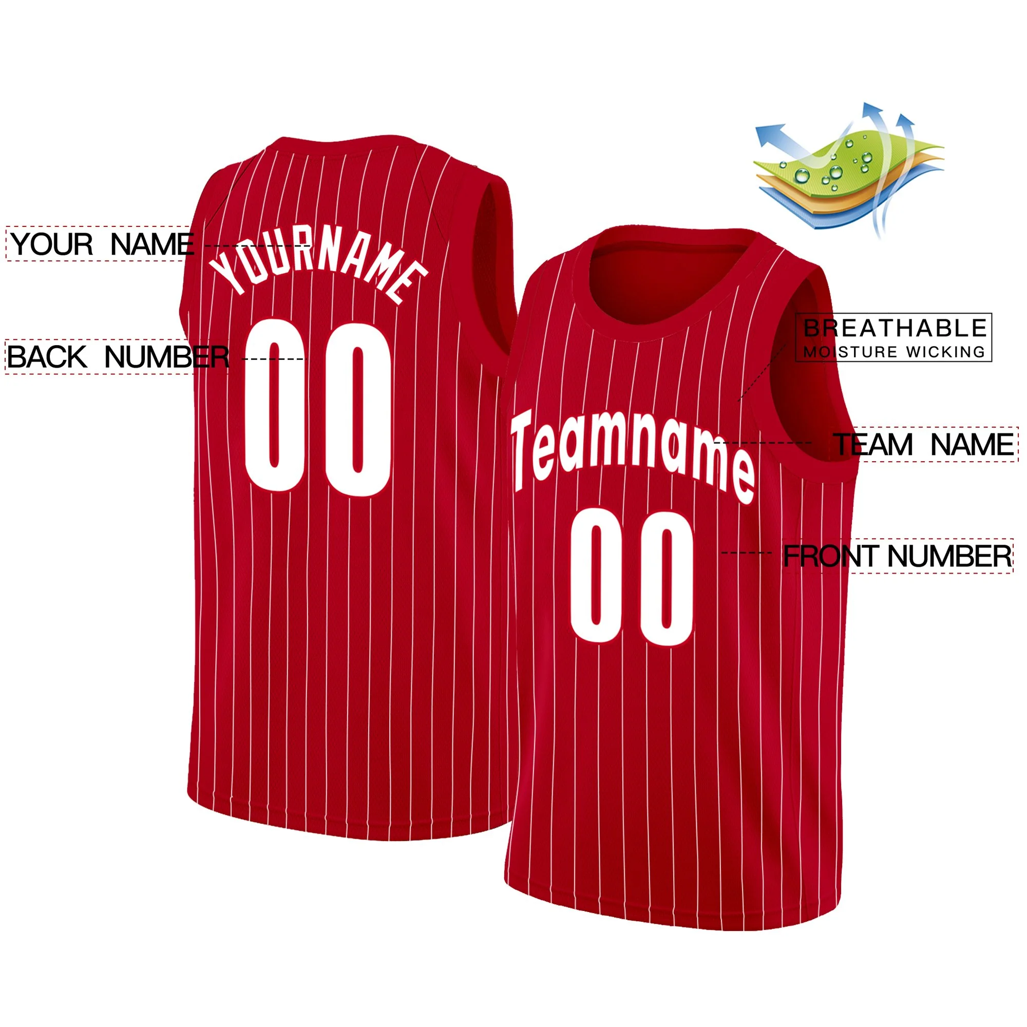 Custom Red White Stripe Fashion Tops Mesh Basketball Jersey - Image 2