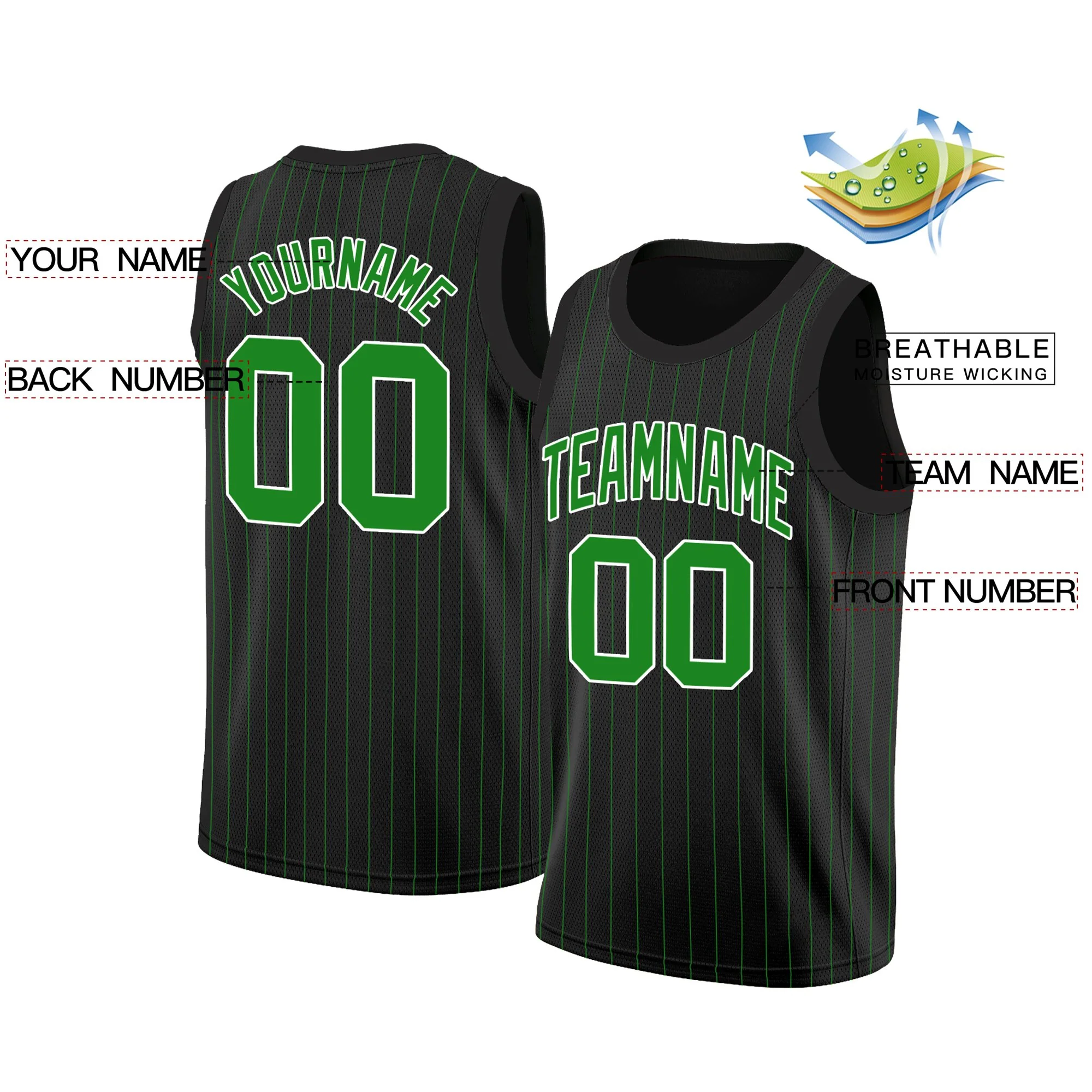 Custom Black Green-White Stripe Fashion Tops Breathable Basketball Jersey - Image 2
