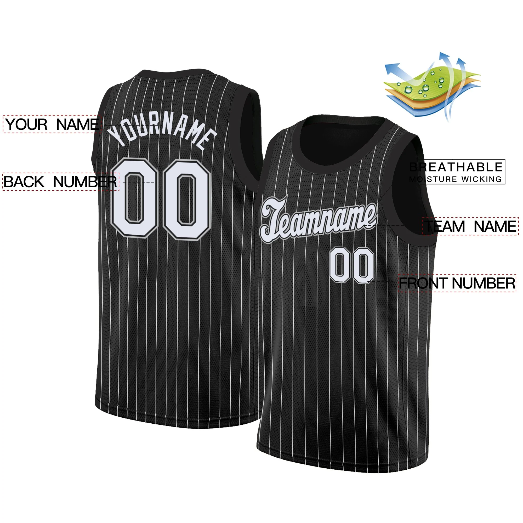 Custom Black White Black Stripe Fashion Tops Breathable Basketball Jersey - Image 2