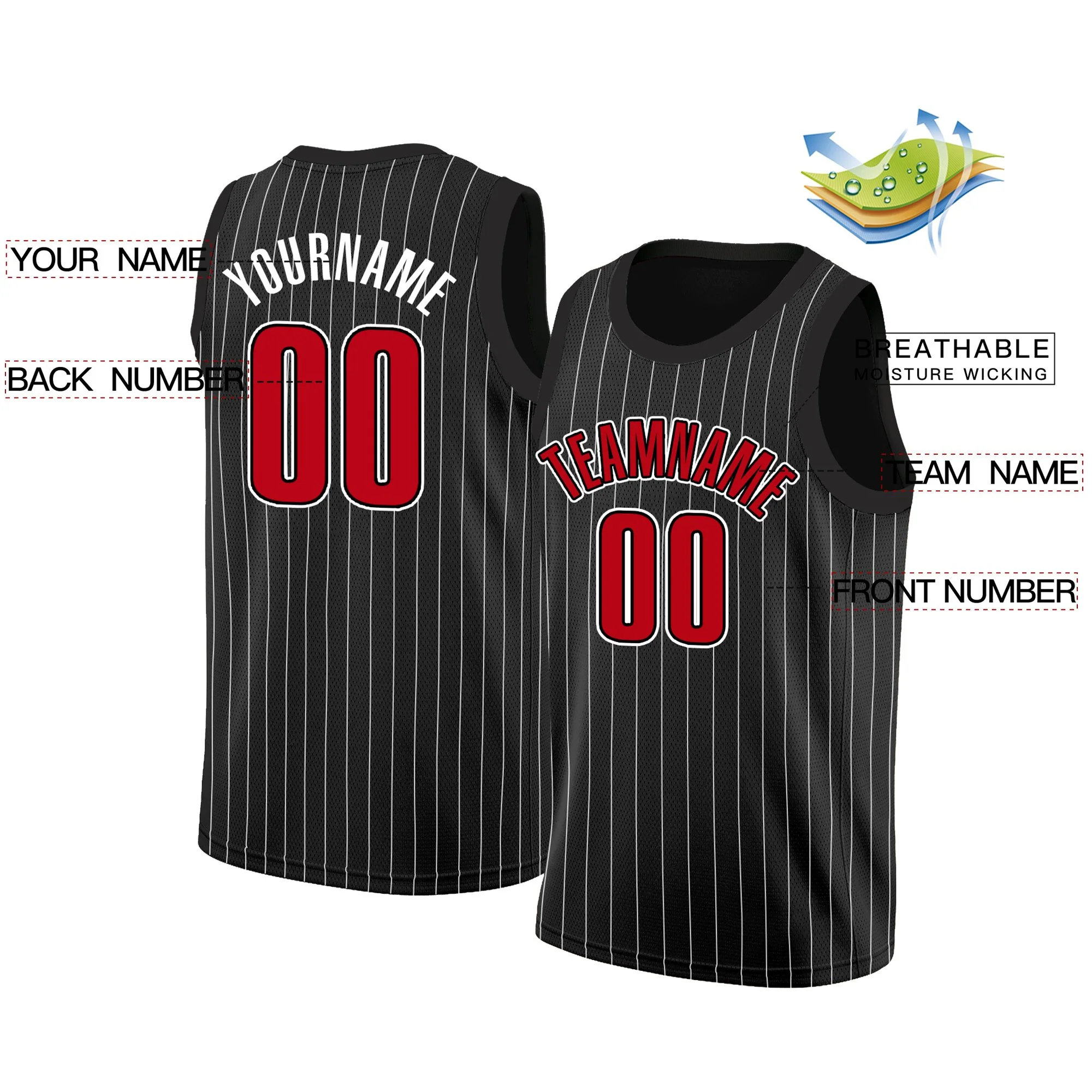 Custom Black Red-White Stripe Fashion Tops Breathable Basketball Jersey - Image 2