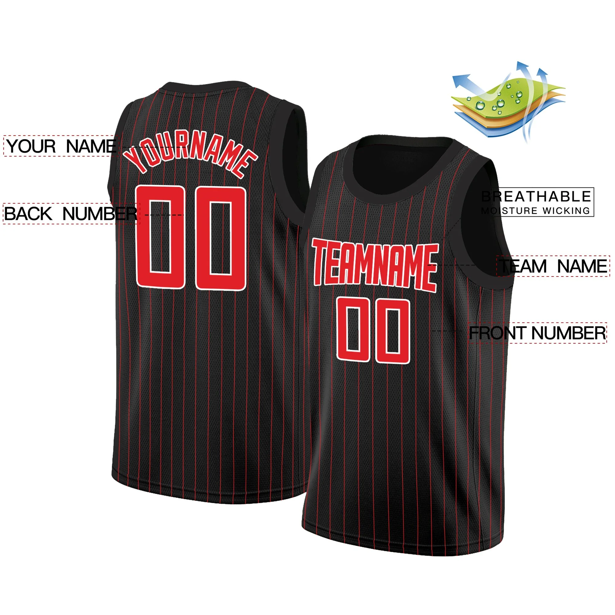Custom Black Red-White Stripe Fashion Tops Breathable Basketball Jersey - Image 2