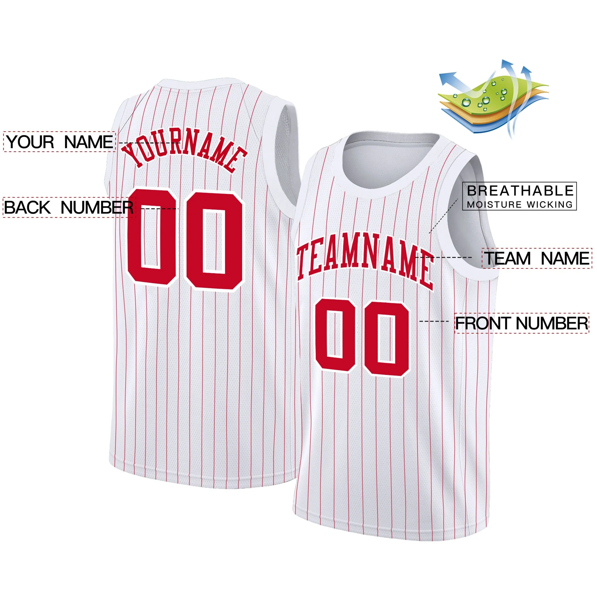 Custom White Red Stripe Fashion Tops Athletic Basketball Jersey - Image 2