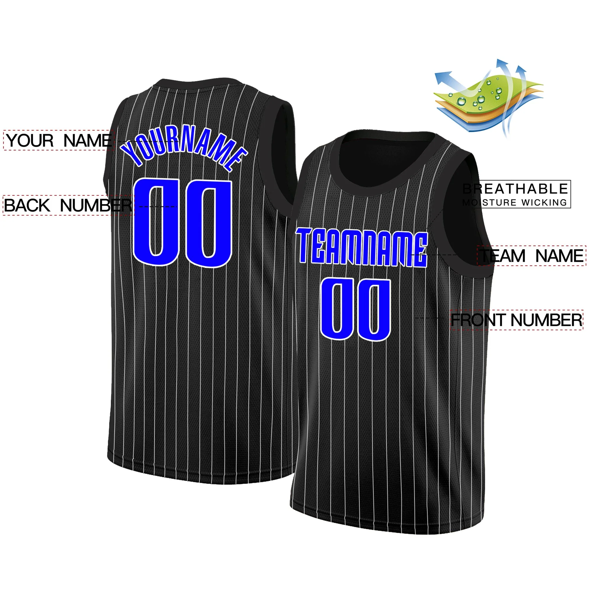 Custom Black Blue-White Stripe Fashion Tops Breathable Basketball Jersey - Image 2