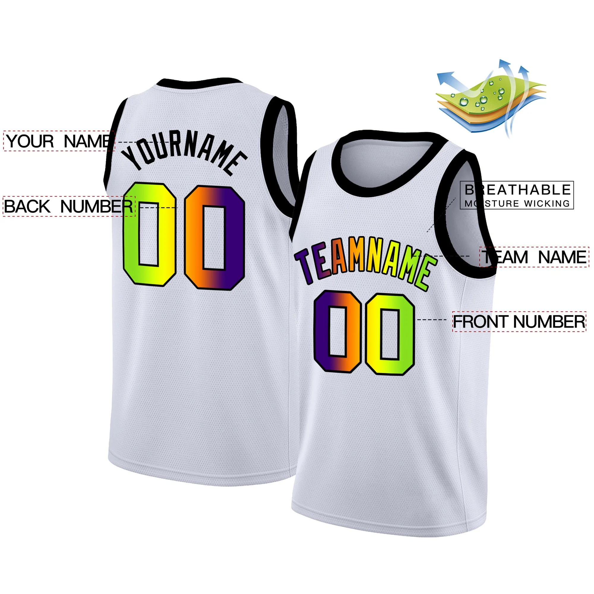 Custom White Purple-Green Gradient Fashion Tops Basketball Jersey - Image 2