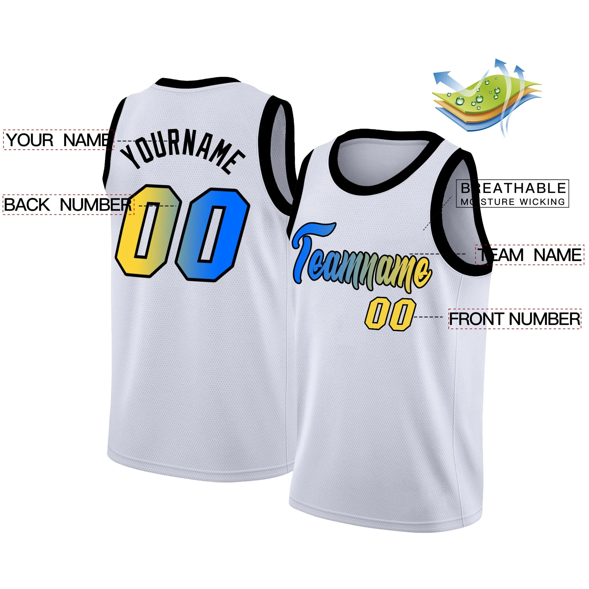 Custom White Blue-Yellow Black Gradient Fashion Tops Basketball Jersey - Image 2