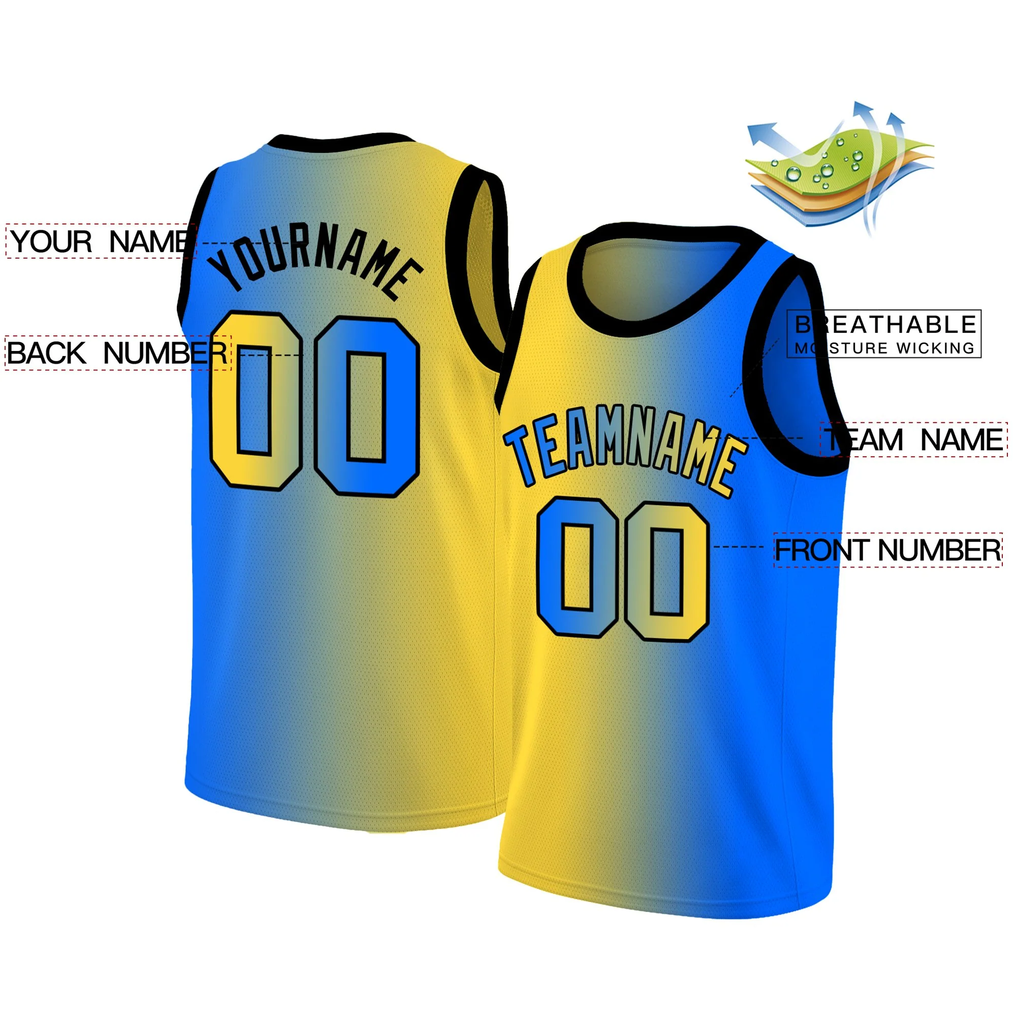 Custom Yellow Blue Black Gradient Fashion Tops Basketball Jersey - Image 2