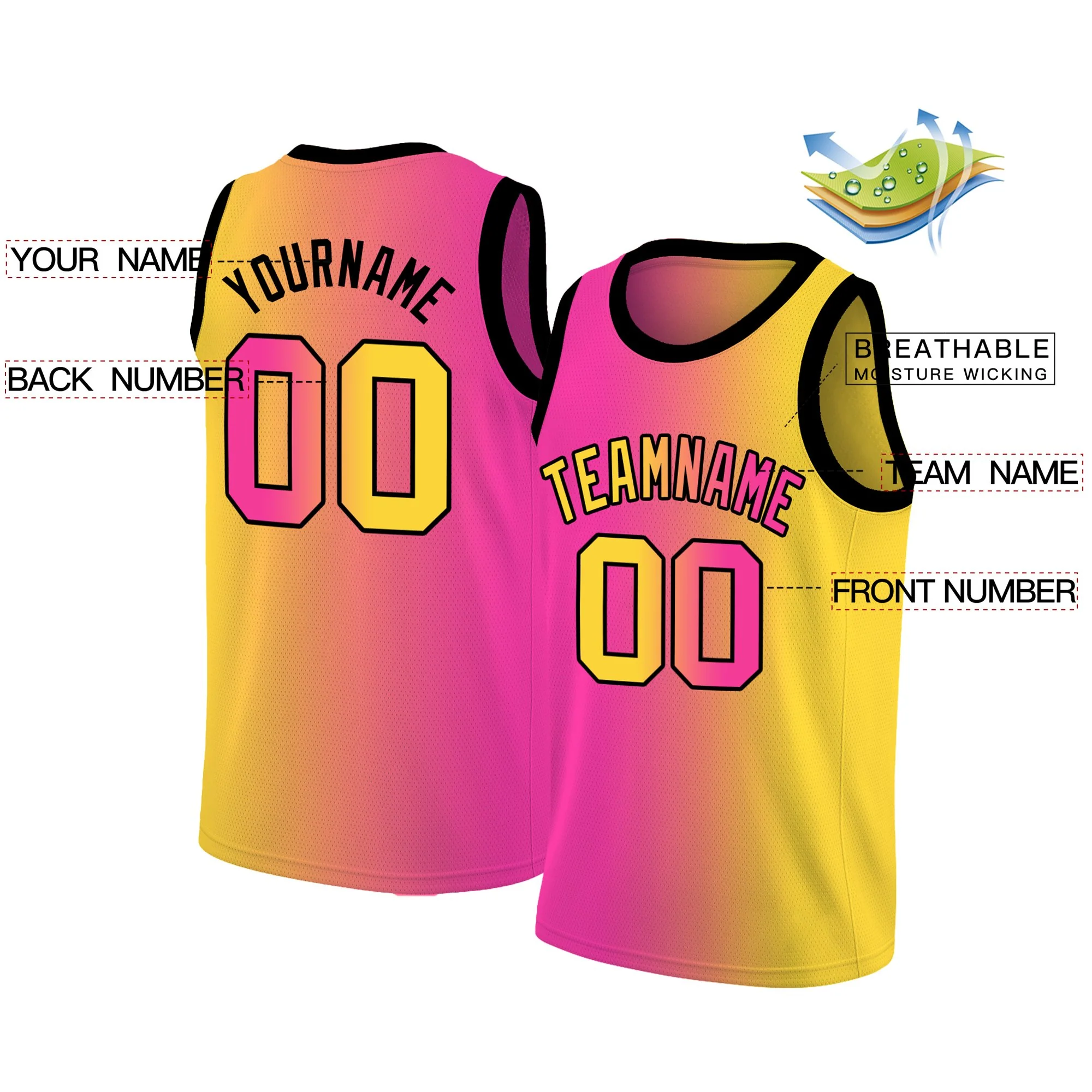 Custom Pink Yellow-Black Gradient Fashion Tops Basketball Jersey - Image 2