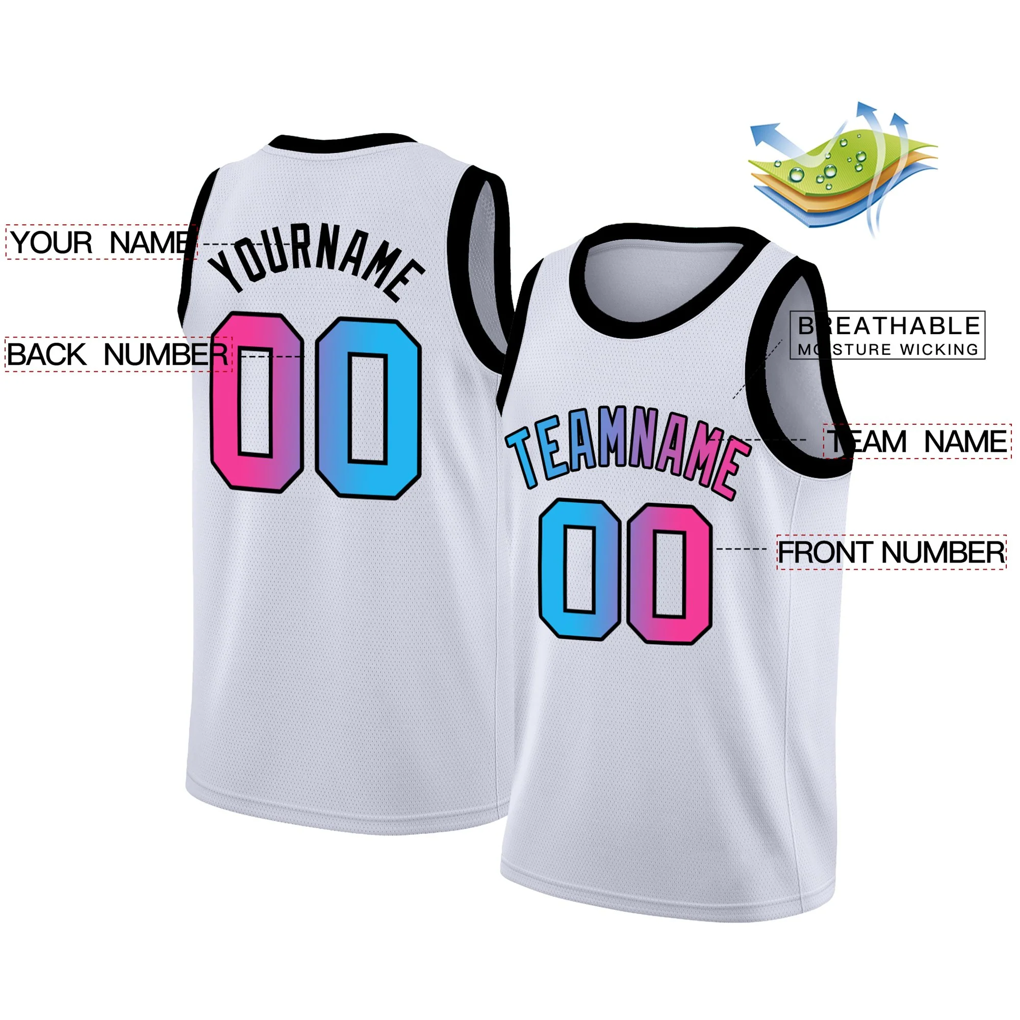 Custom White Pink-Black Gradient Fashion Tops Basketball Jersey - Image 2