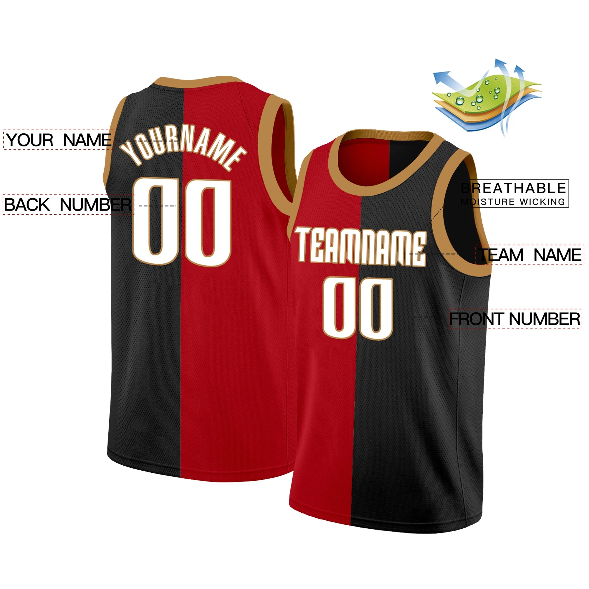Custom Black Red-Brown Split Fashion Tops Basketball Jersey - Image 2