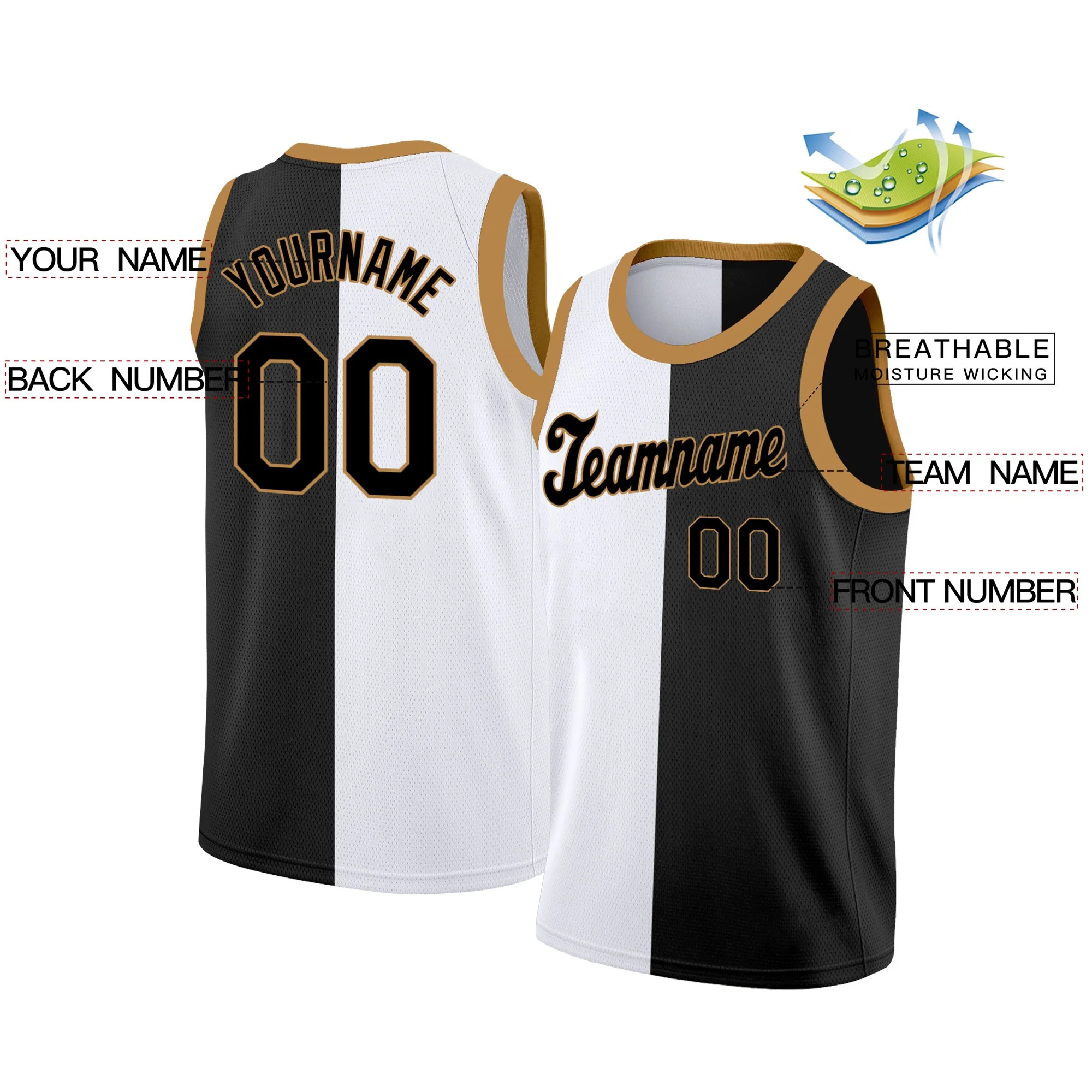 Custom Black White-Brown Split Fashion Tops Basketball Jersey - Image 2