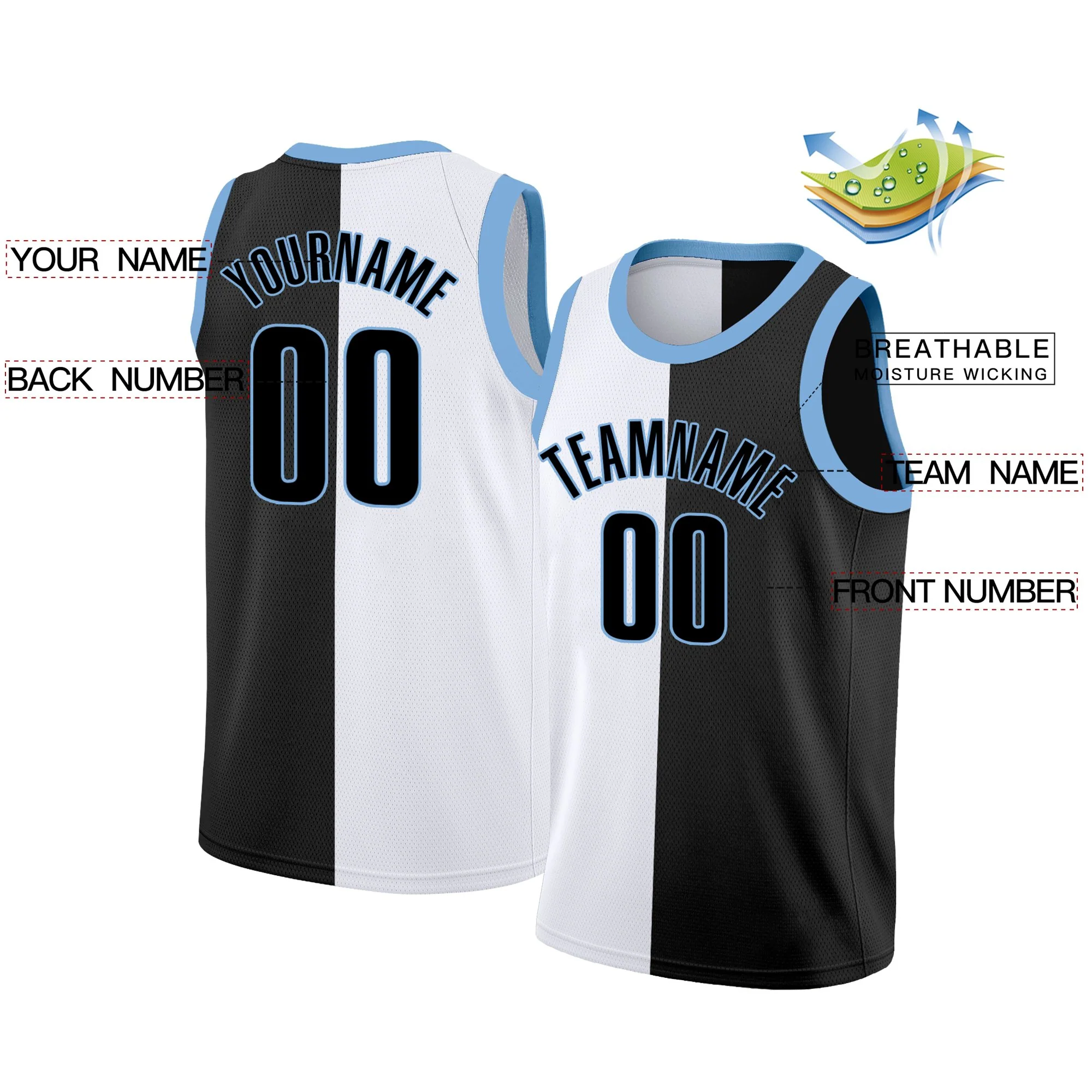 Custom Black White-Blue Split Fashion Tops Basketball Jersey - Image 2