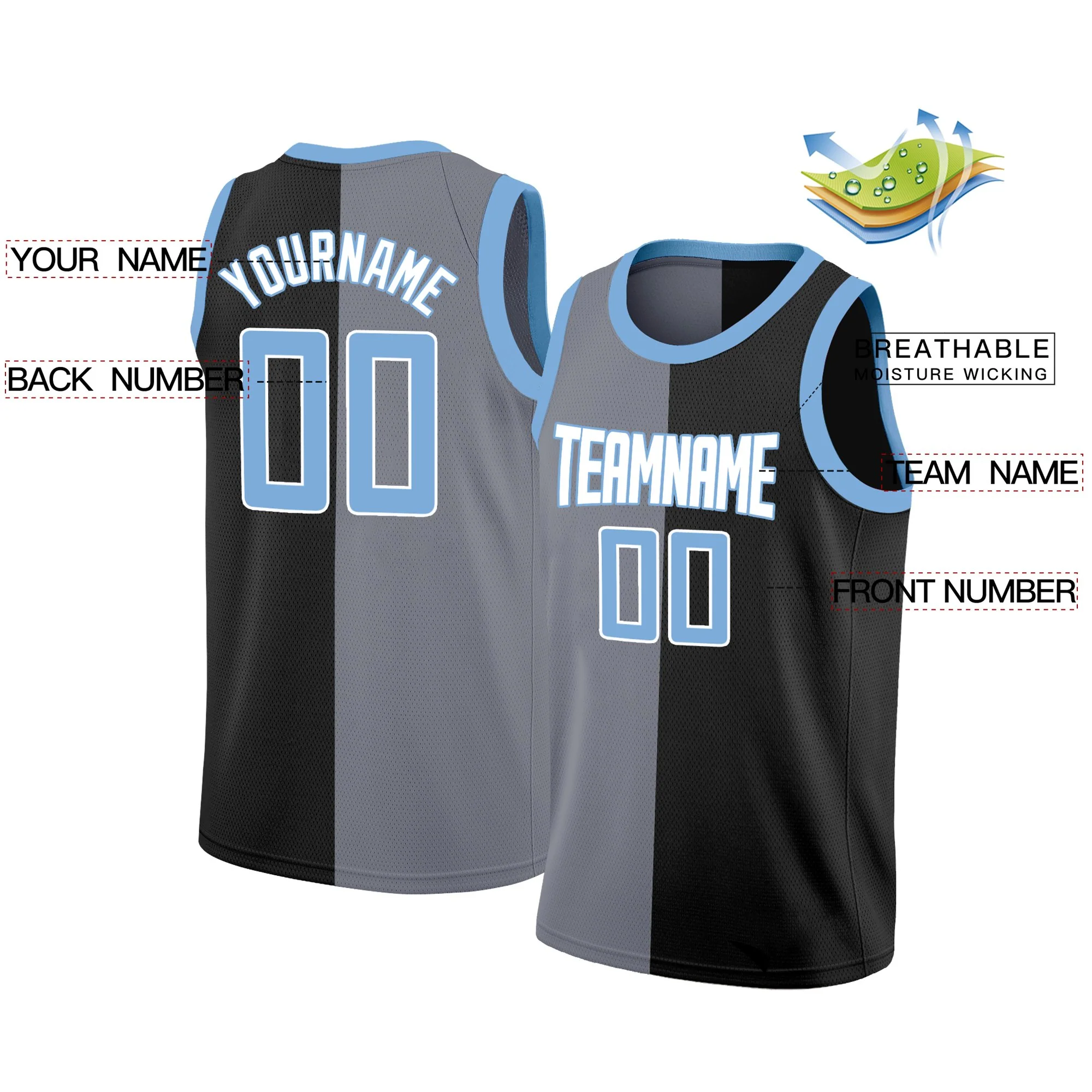 Custom Black Light Blue-White Split Fashion Tops Basketball Jersey - Image 2