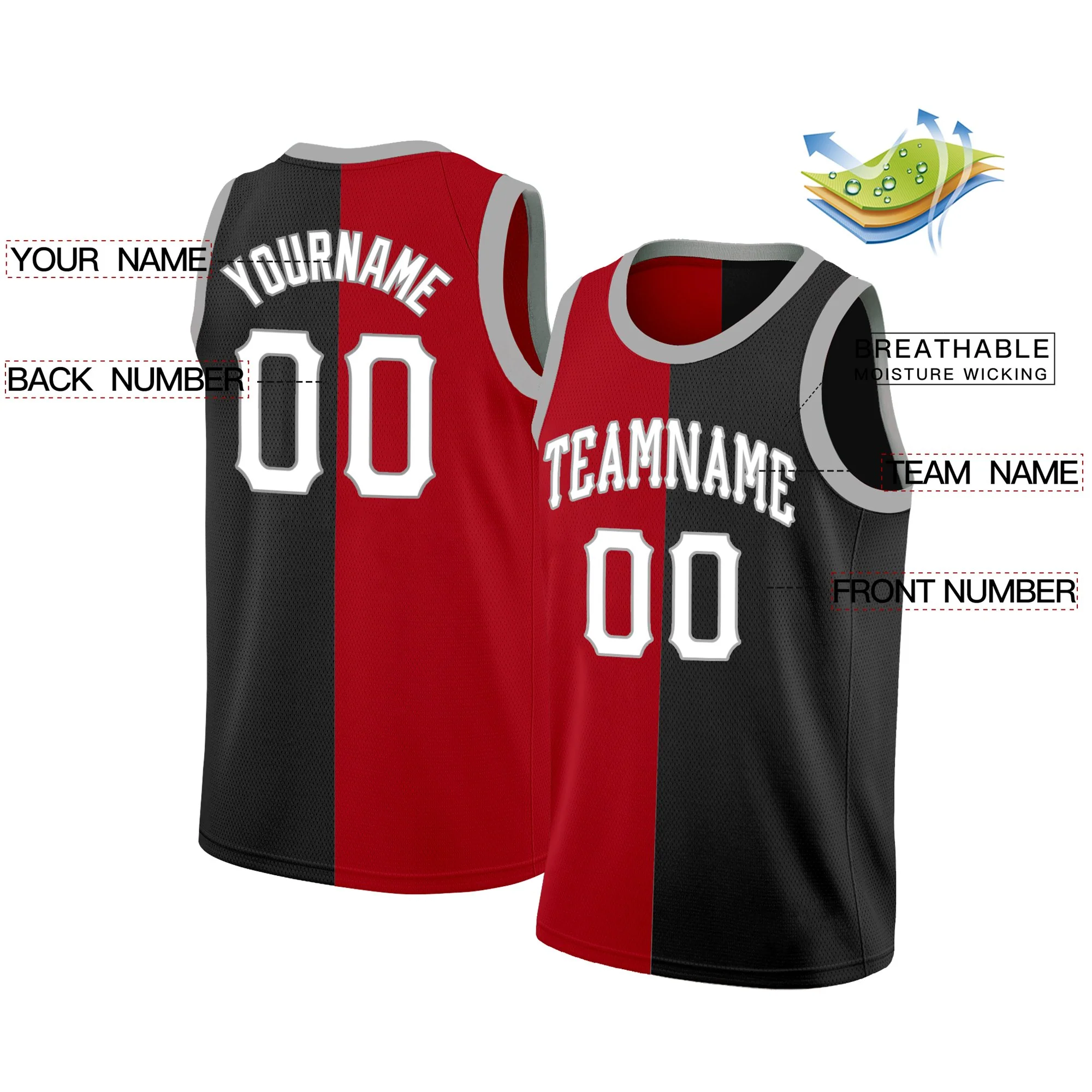 Custom Red Black-White Split Fashion Tops Basketball Jersey - Image 2