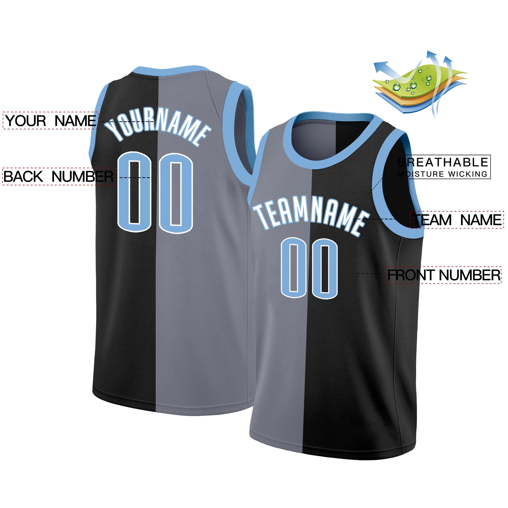 Custom Black White Split Fashion Tops Basketball Jersey - Image 2
