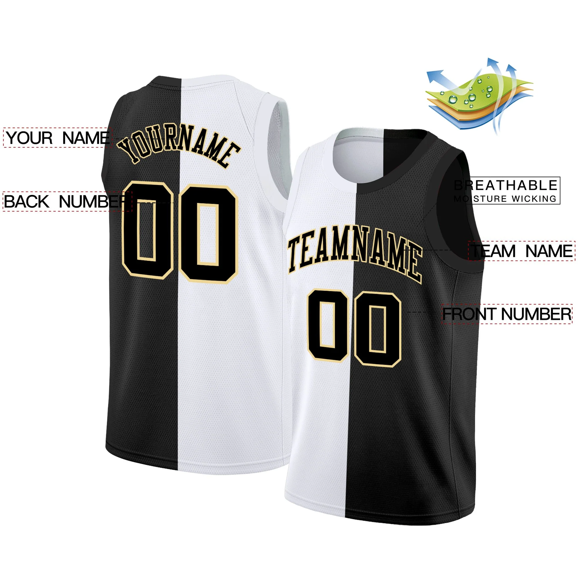 Custom Black White-Yellow Split Fashion Tops Basketball Jersey - Image 2
