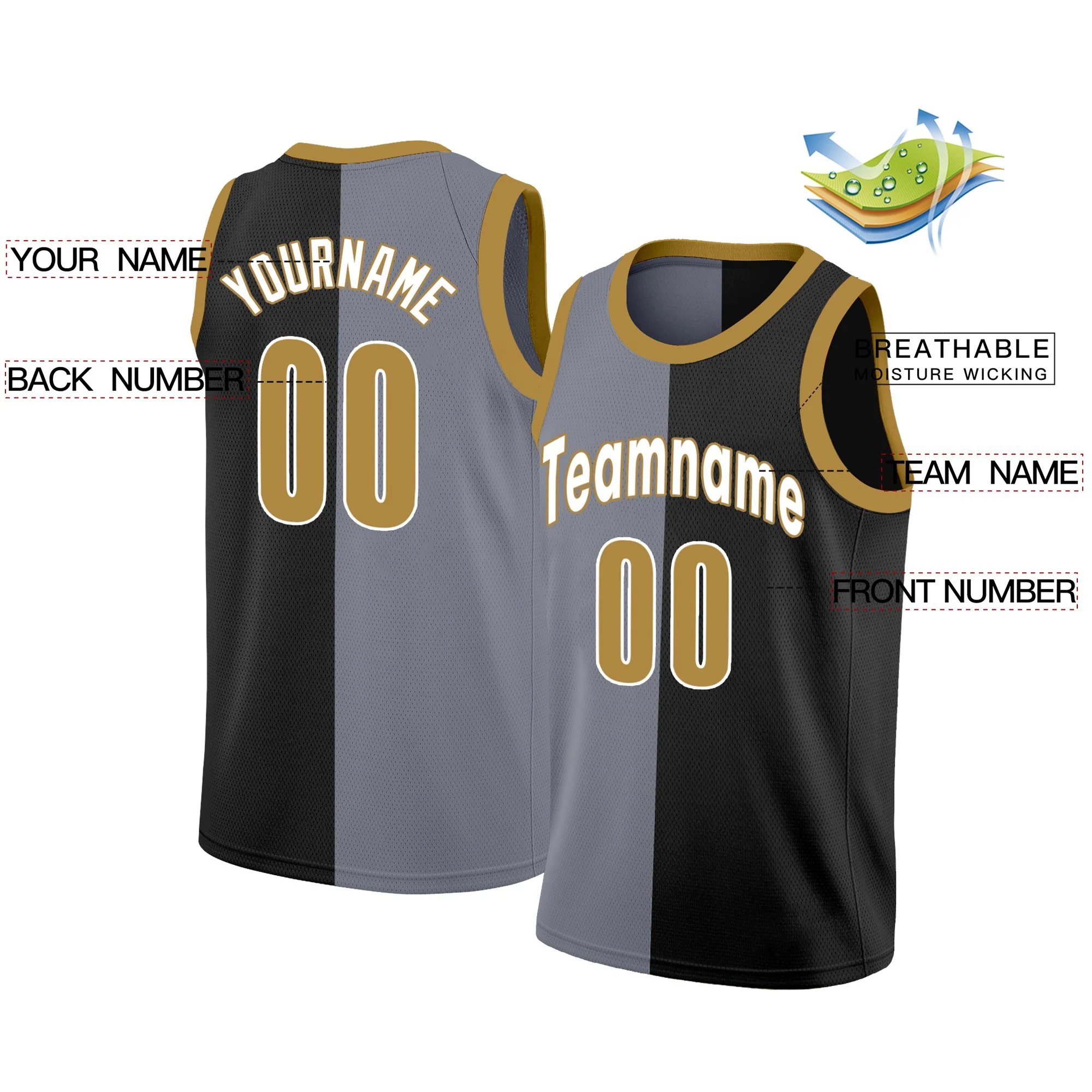 Custom Black Yellow-White Split Fashion Tops Basketball Jersey - Image 2