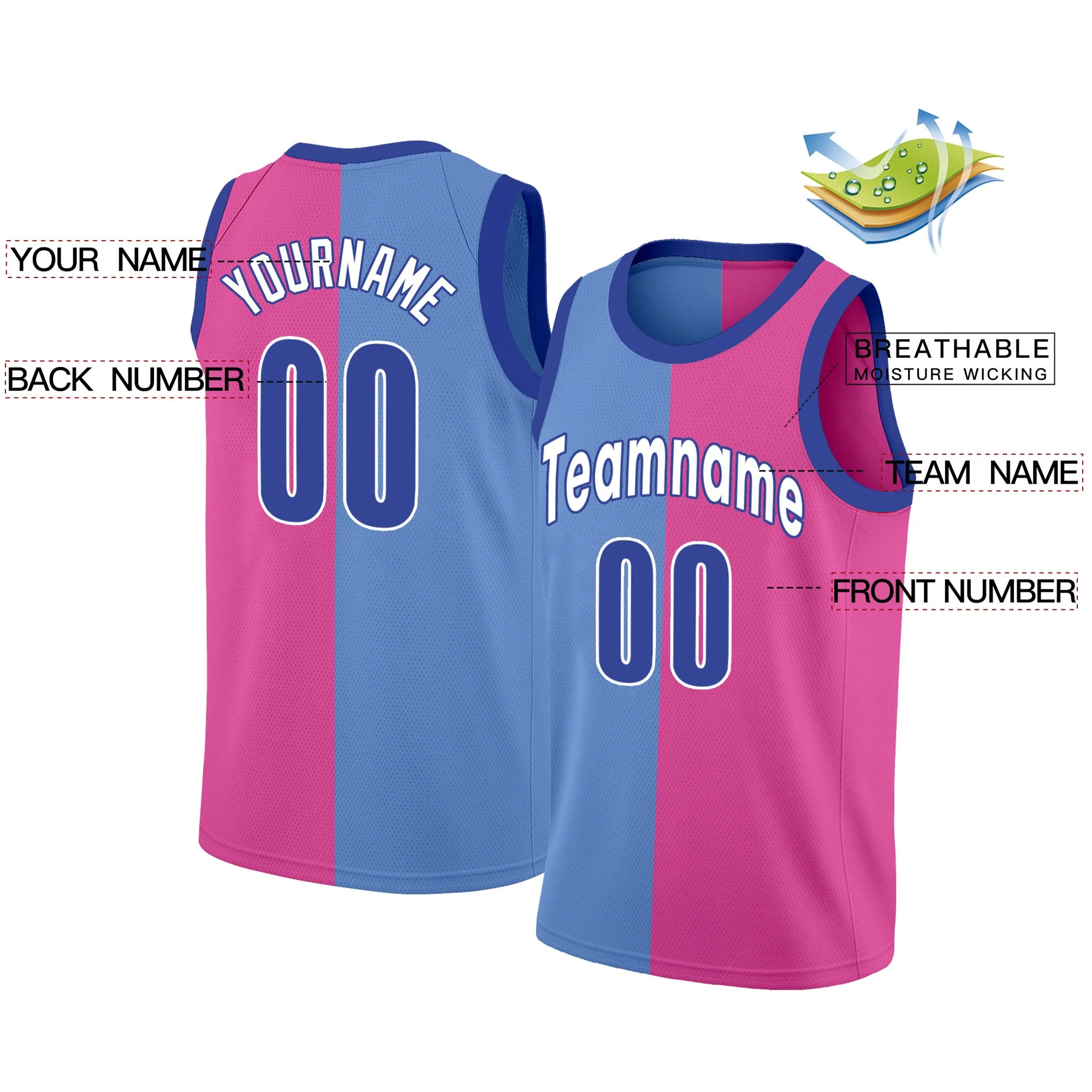 Custom Pink Blue Split Fashion Tops Basketball Jersey - Image 2