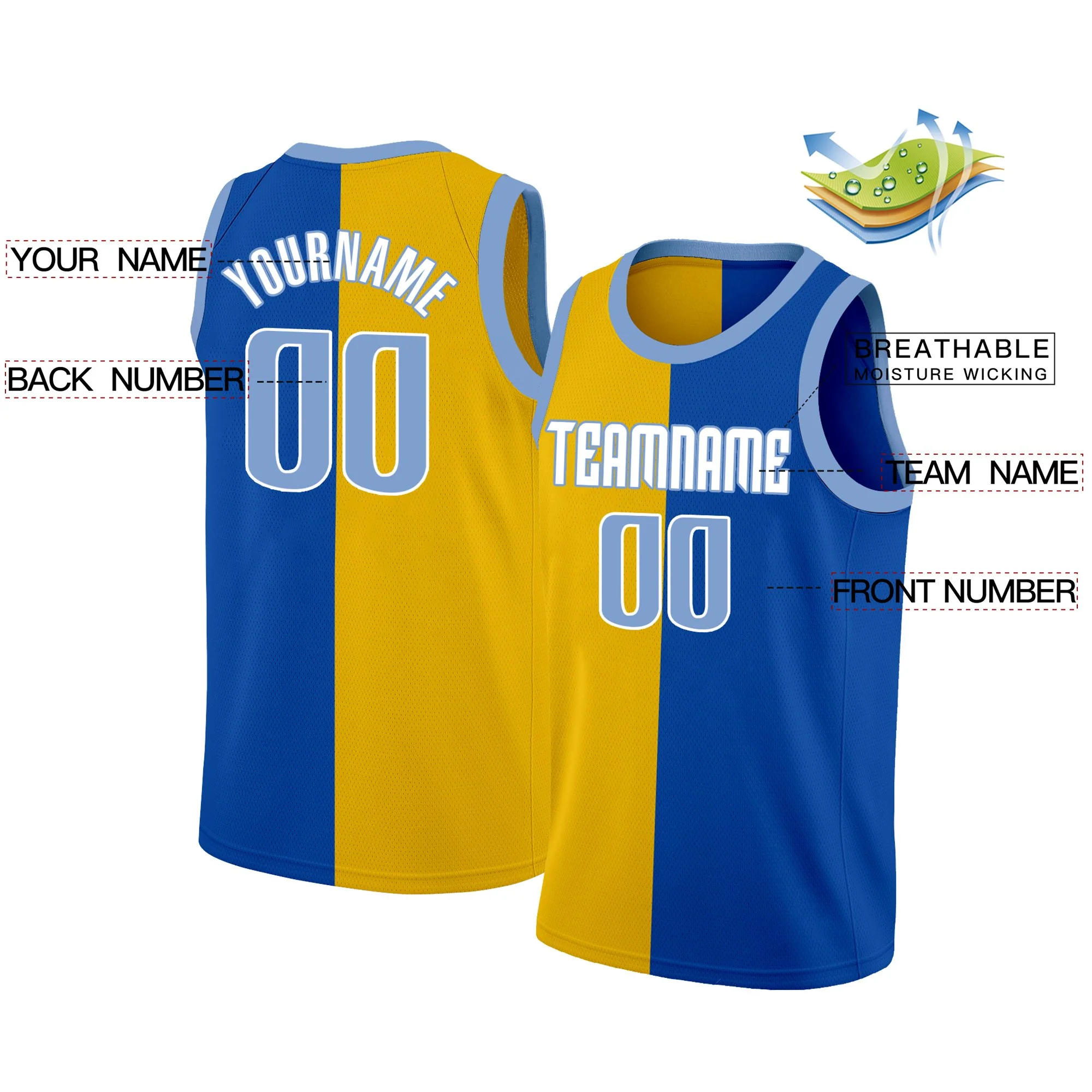 Custom Yellow Blue-White Split Fashion Tops Basketball Jersey - Image 2