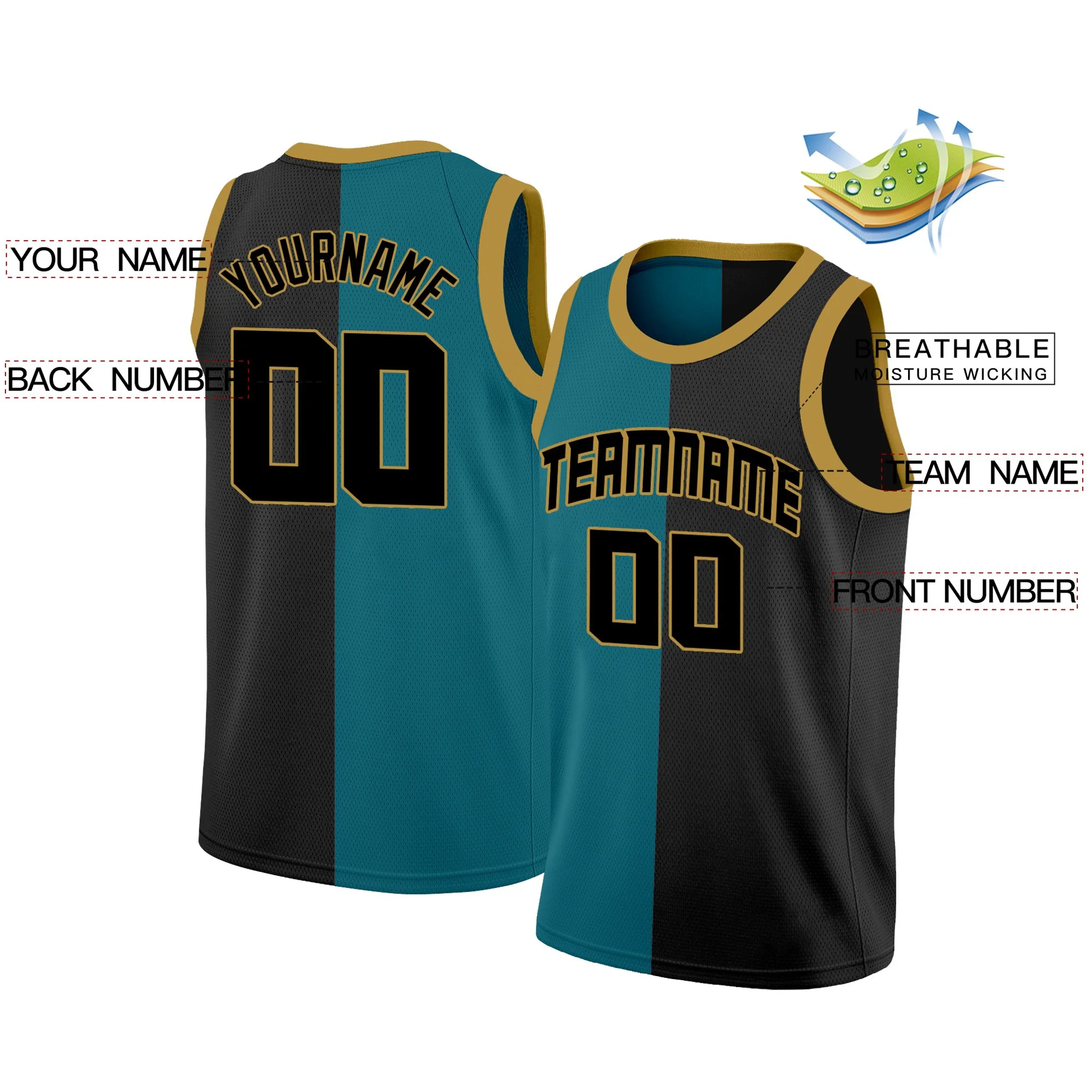 Custom Teal Black Split Fashion Tops Basketball Jersey - Image 2
