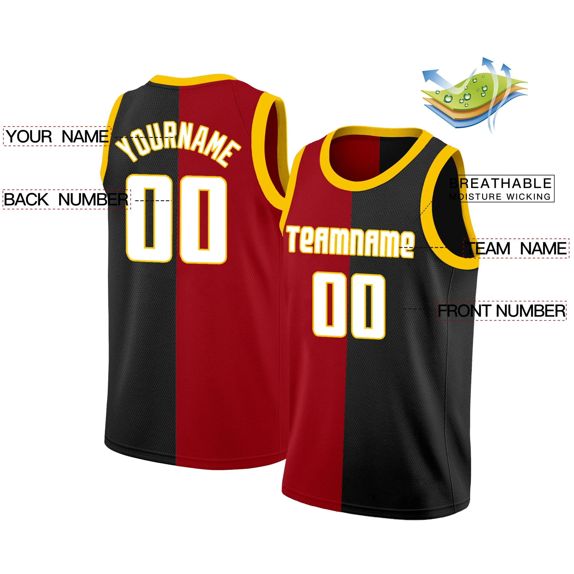Custom Black Red-White Split Fashion Tops Basketball Jersey - Image 2