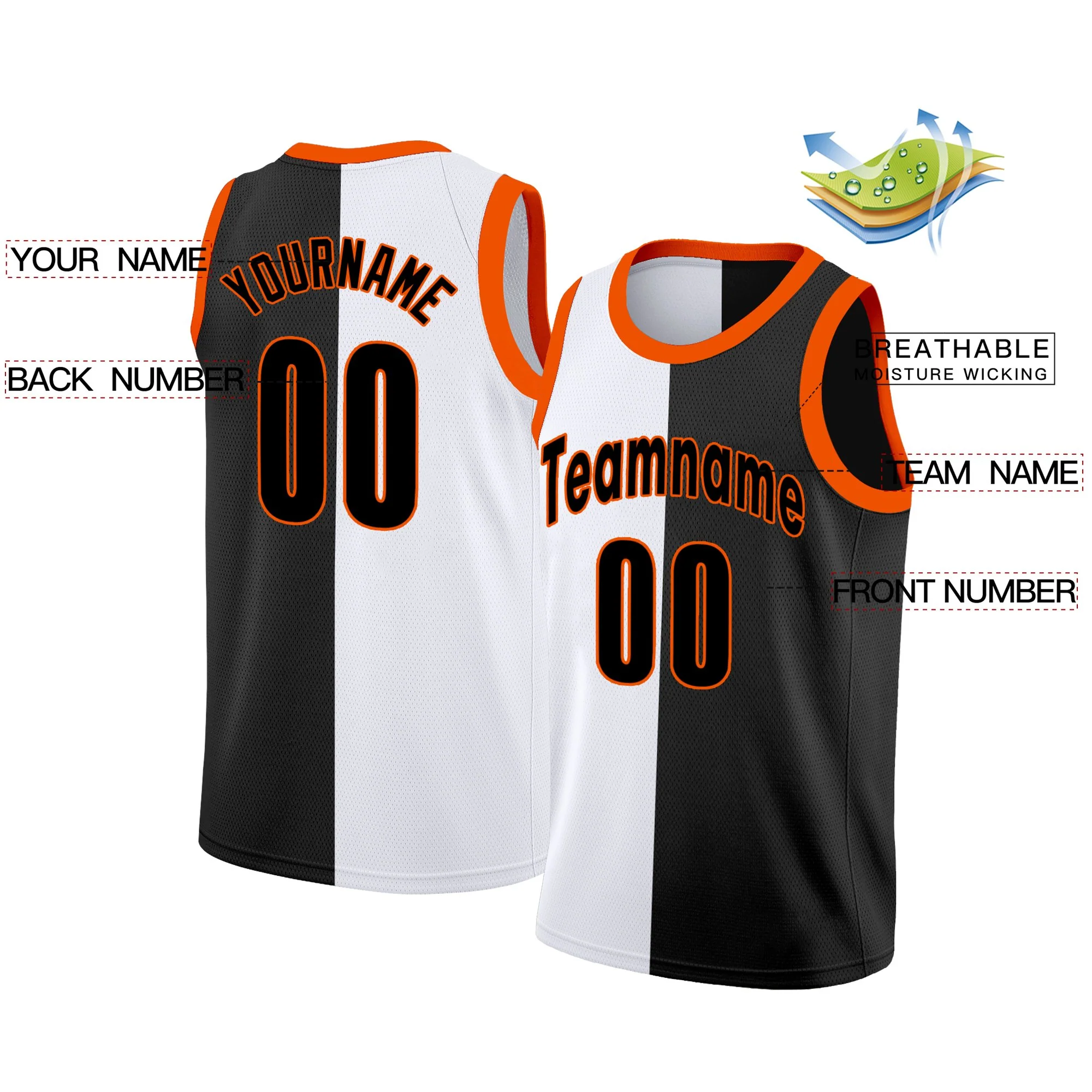 Custom Black White-Orange Split Fashion Tops Basketball Jersey - Image 2