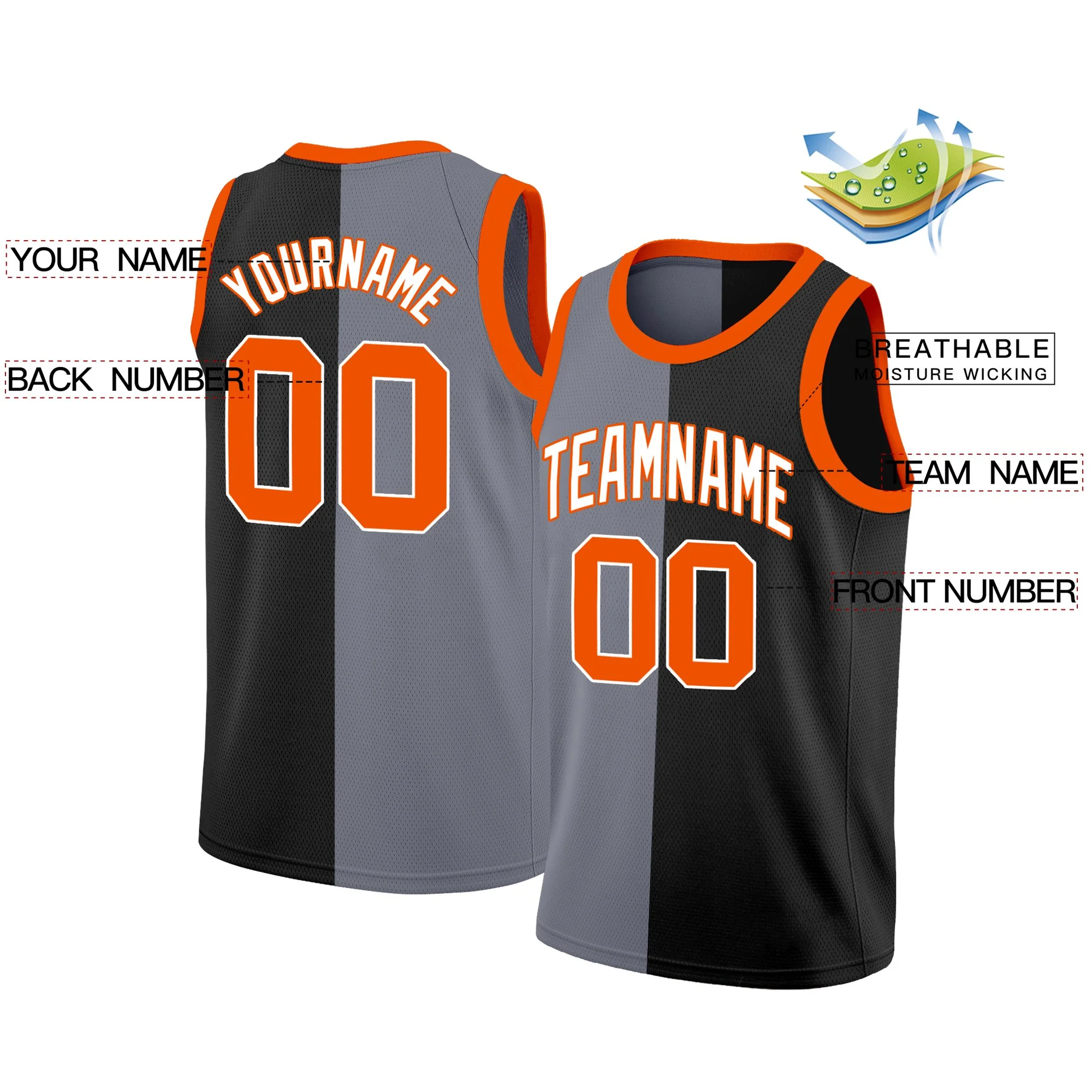 Custom Black Orange-White Split Fashion Tops Basketball Jersey - Image 2