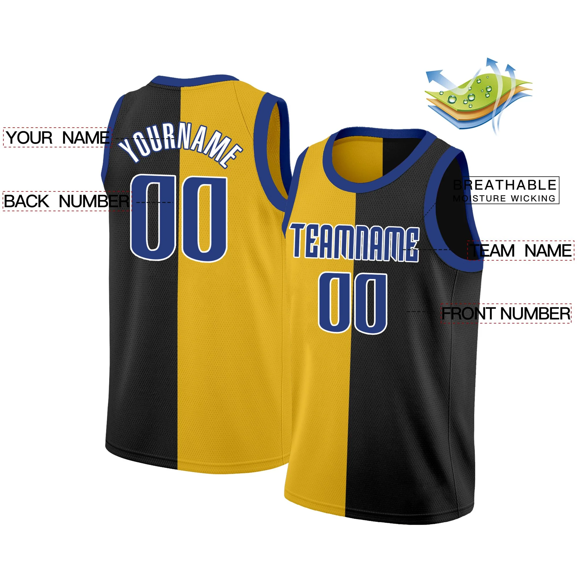 Custom Black Yellow-Navy Split Fashion Tops Basketball Jersey - Image 2