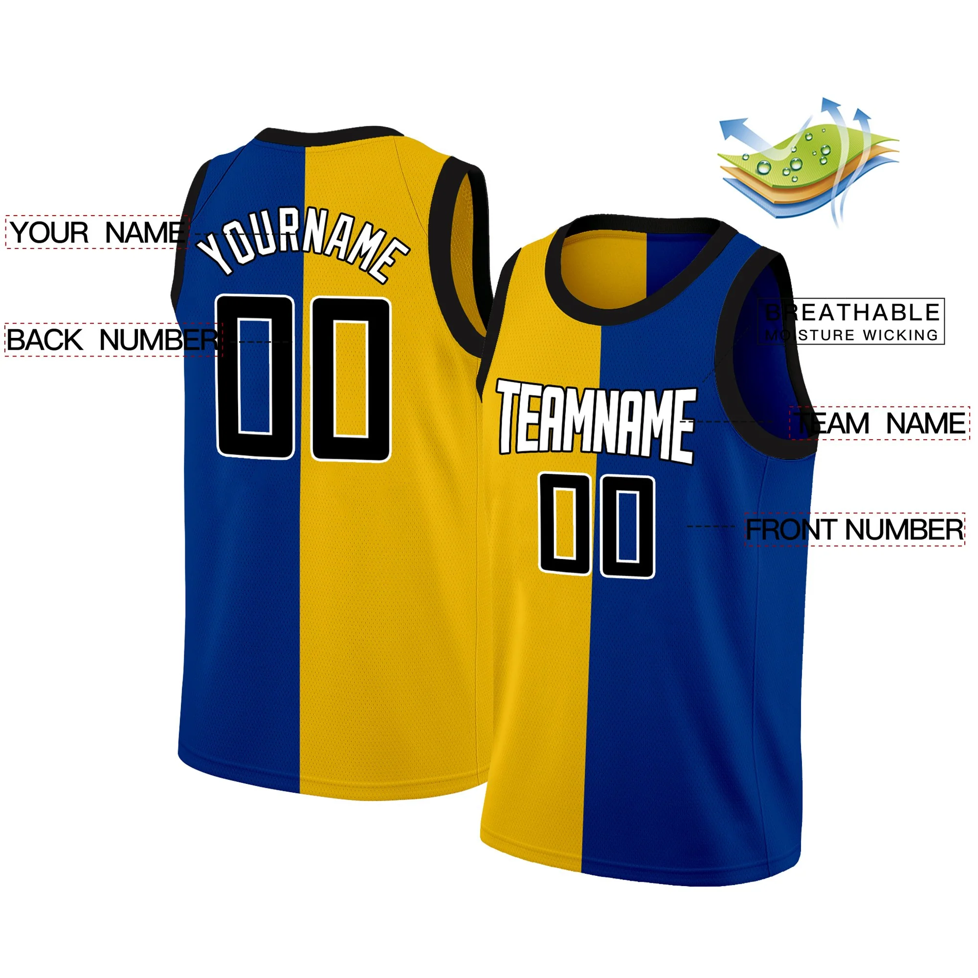 Custom Yellow Blue-White Split Fashion Tops Basketball Jersey - Image 2