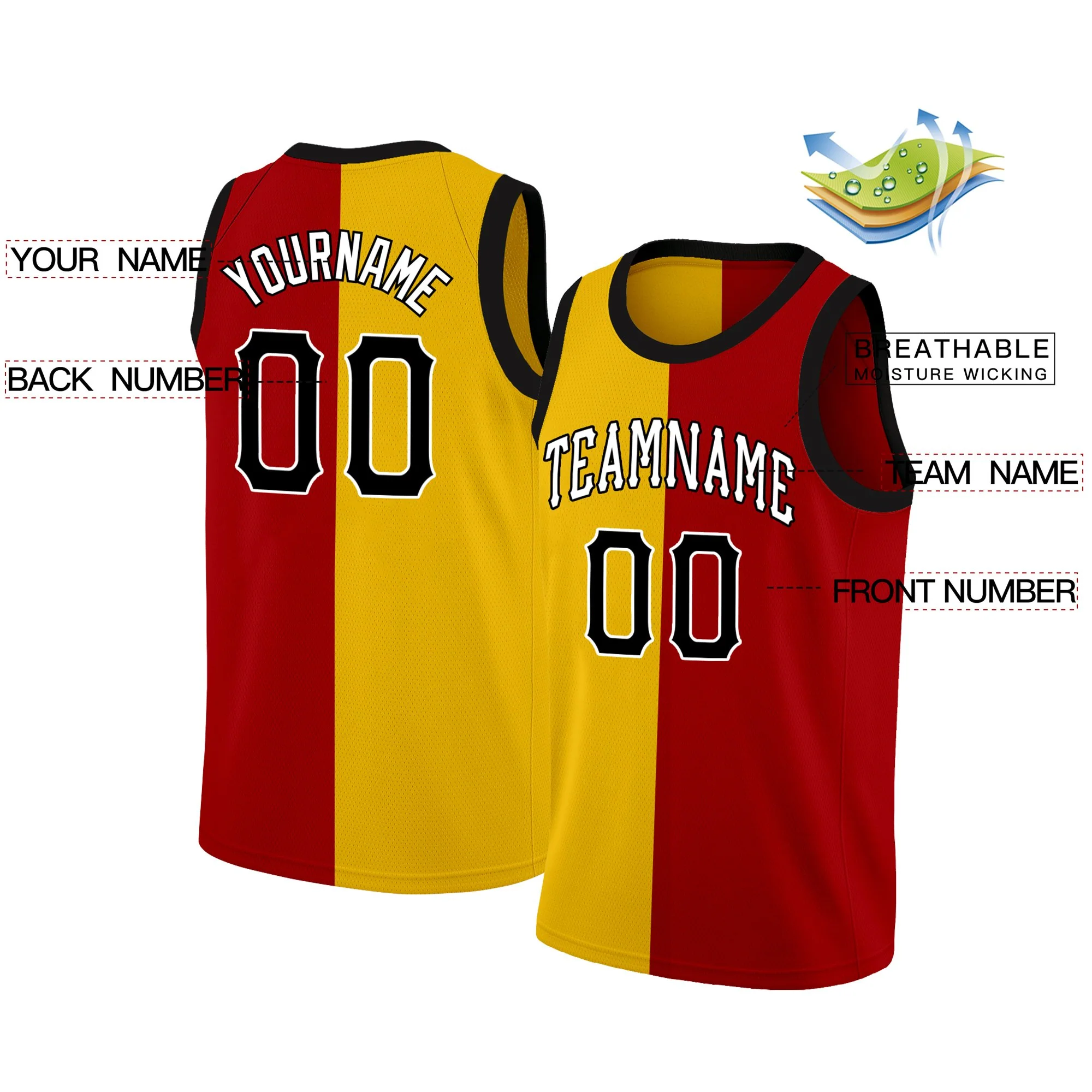 Custom Yellow Red-White Split Fashion Tops Basketball Jersey - Image 2