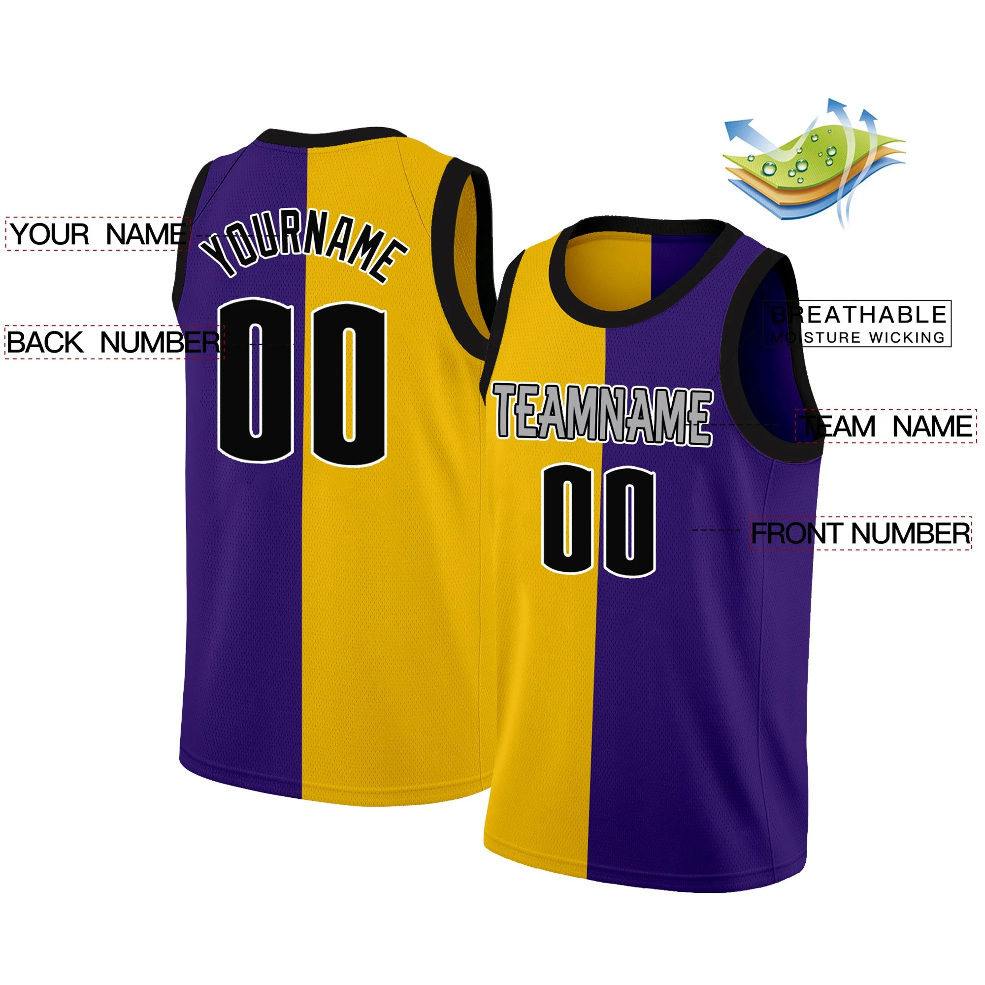 Custom Yellow Purple-Black Split Fashion Tops Basketball Jersey - Image 2