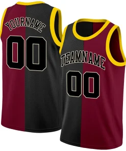 Custom Black Maroon-Yellow Split Fashion Tops Basketball Jersey