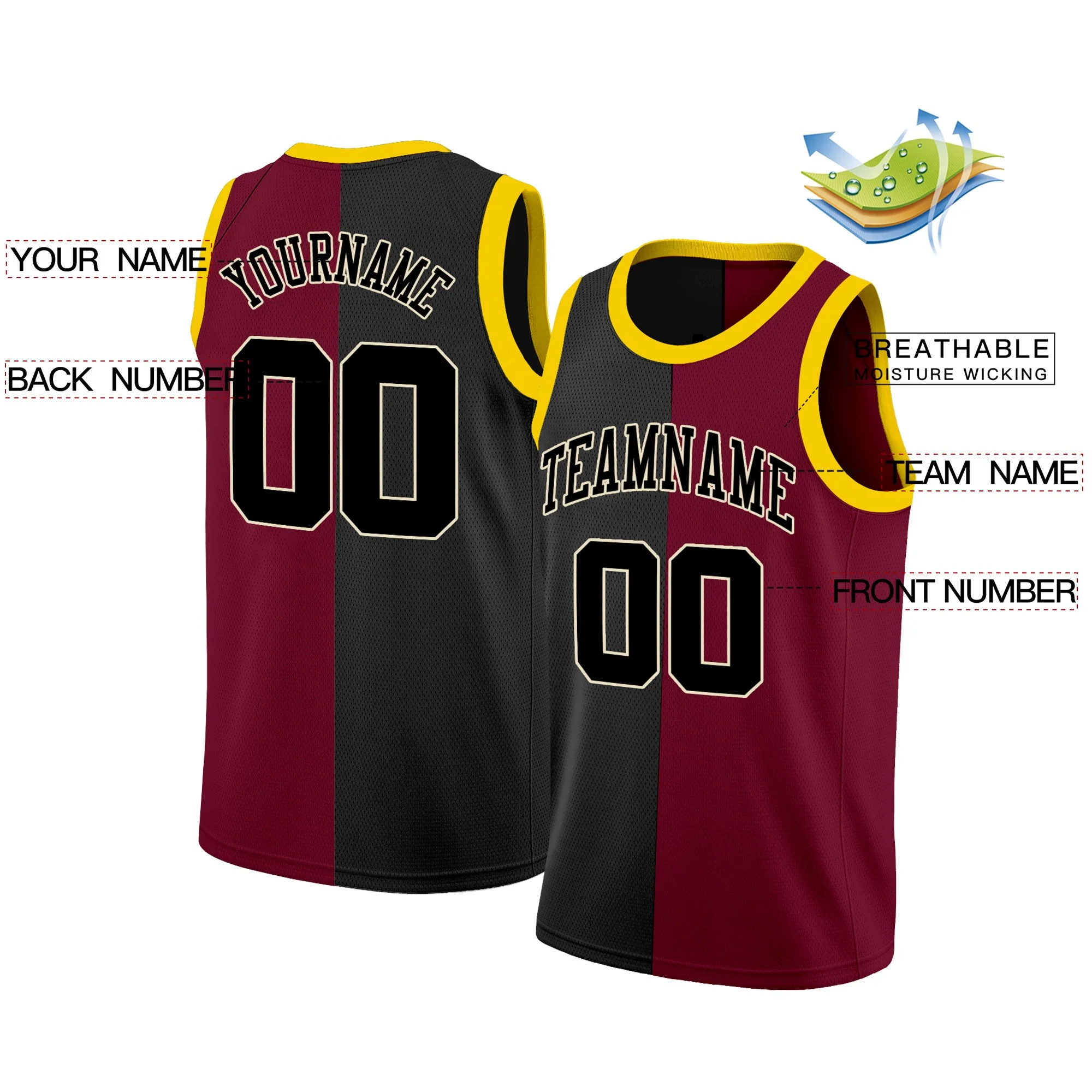 Custom Black Maroon-Yellow Split Fashion Tops Basketball Jersey - Image 2